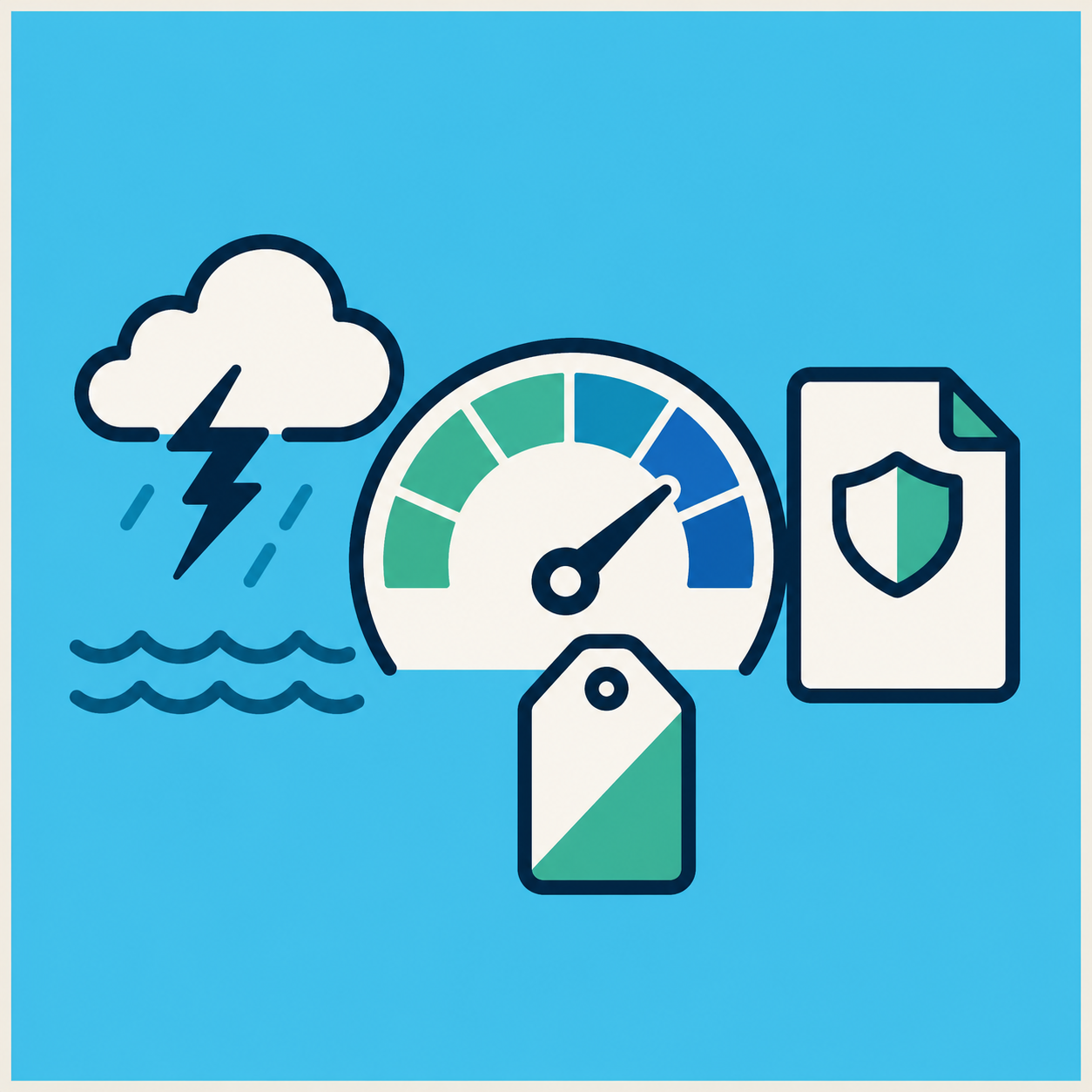 Weather warning symbol, a lightning cloud over water, a gauge with a needle pointing to high, a security badge on a tag, and a document with a shield icon indicating protection.