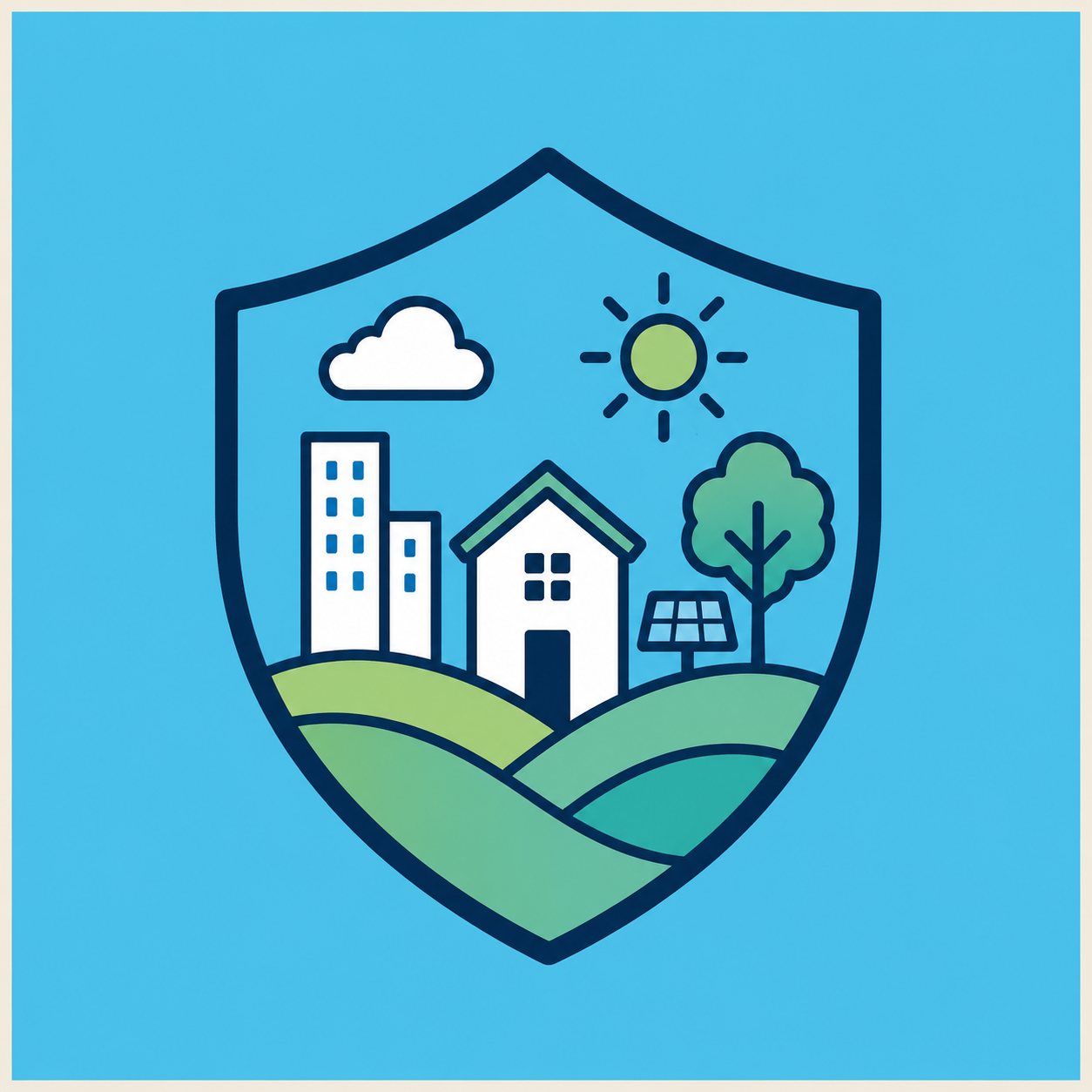 Illustration of a shield with buildings, a house, a tree, a solar panel, a cloud, and a sun, representing environmental protection.