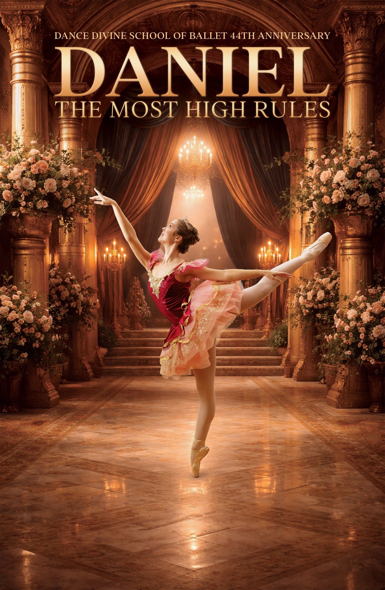 A ballet dancer performing a move on stage inside a royal palace with ornate gold pillars, flower arrangements, and warm lighting.