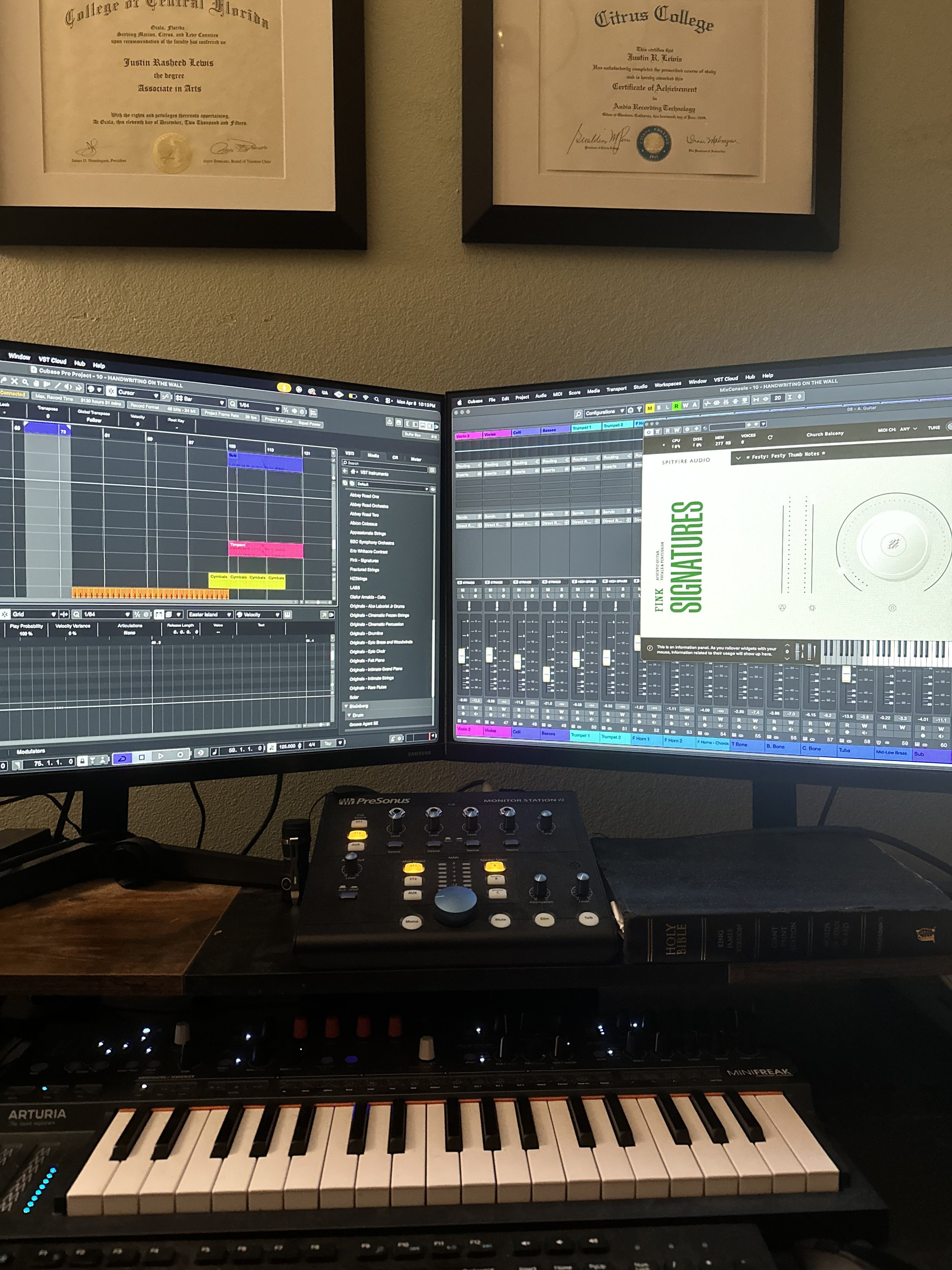 A digital audio workstation retrofitted for multifunctional audio and video post production.