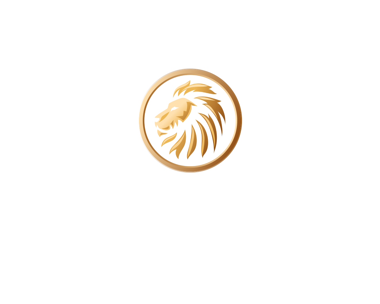 A logo with a gold lion's head in a circle, adjacent to a brown rectangular background.
