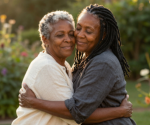 Two women embracing outdoors during a peaceful retreat moment