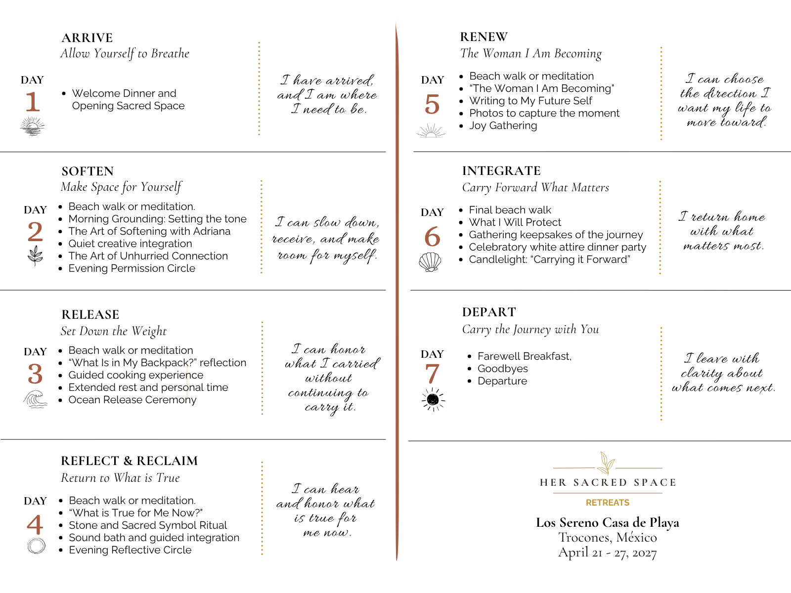 Diagram titled 'Her Sacred Space' with the subtitle 'Retreats', showing two columns of numbered items from 1 to 7 with a dividing line in the middle. The diagram has decorative elements, including a small leaf icon.