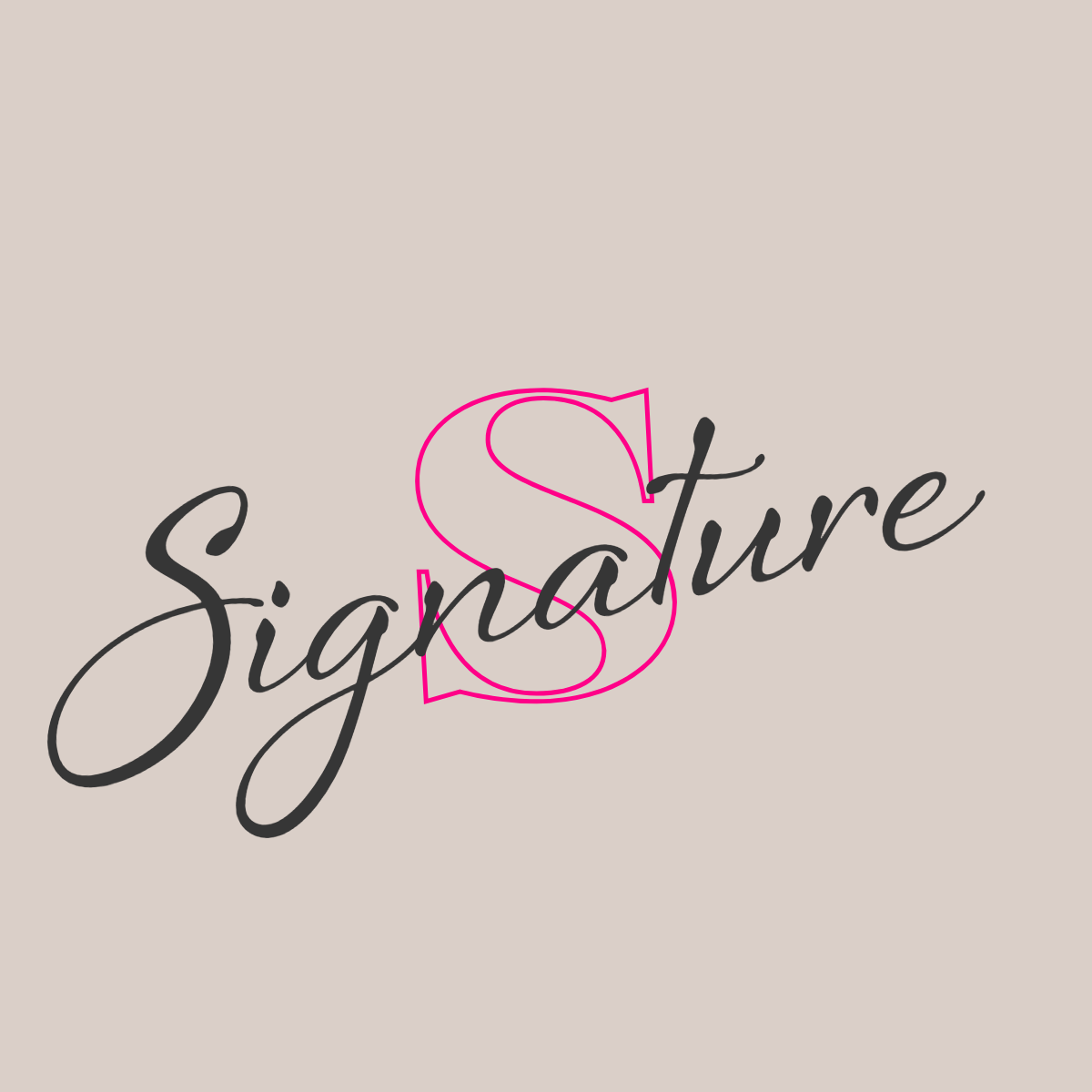 The word 'Signature' written in black cursive with a pink outline of the letter 'S' overlapping the text on a beige background.