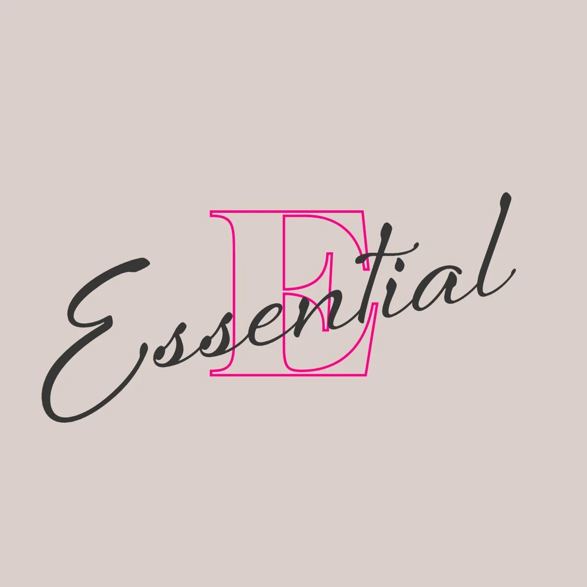 The word "Essential" written in black cursive font with a large pink outline letter "E" behind it on a beige background.