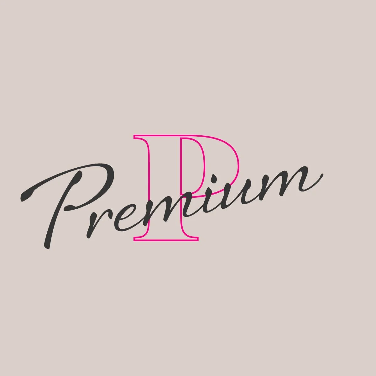 The word 'Premium' written in black cursive font with a large pink outline of the letter 'P' overlapping the word, on a light beige background.