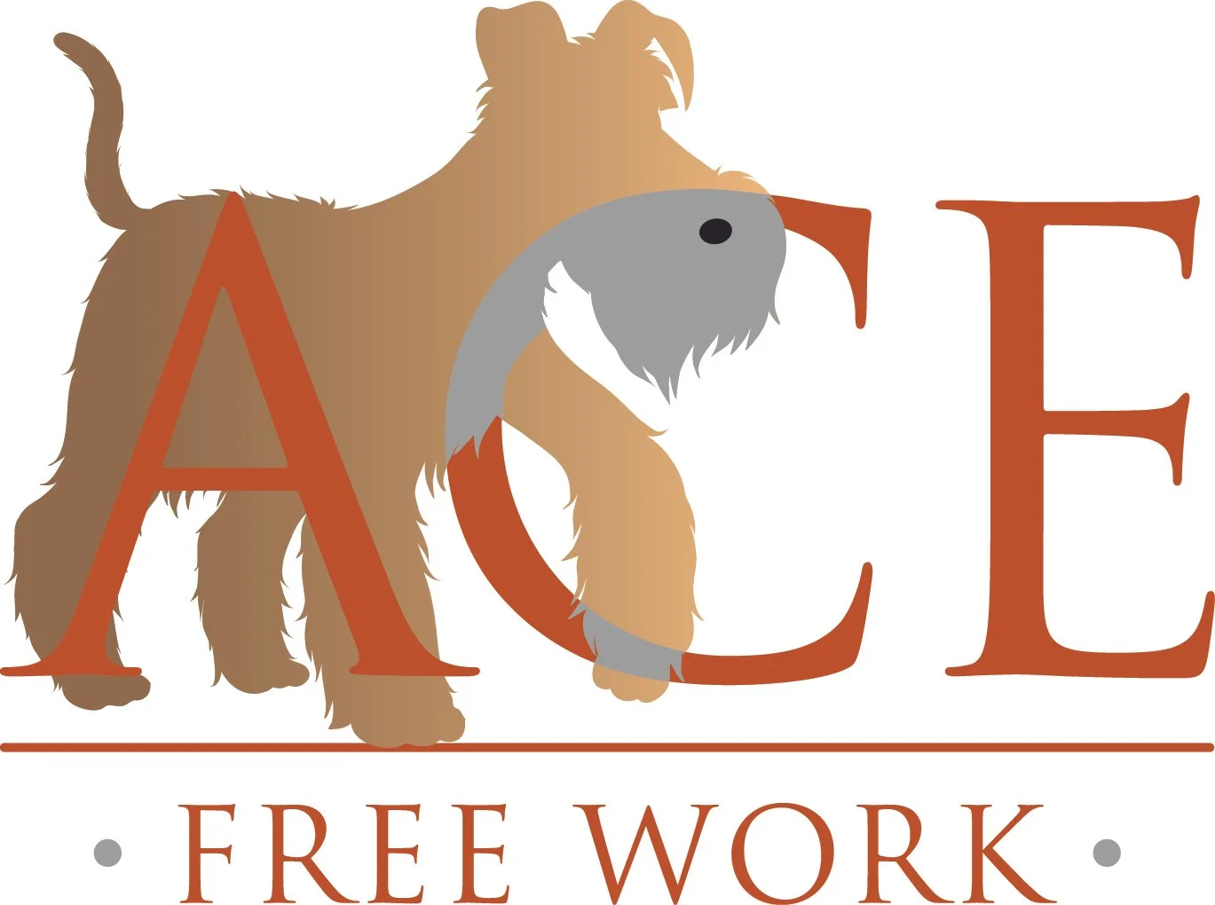 Illustration of a dog forming the letter A with its body in front of the word E, with the words FREE WORK below. The dog is fluffy with brown and gray fur.