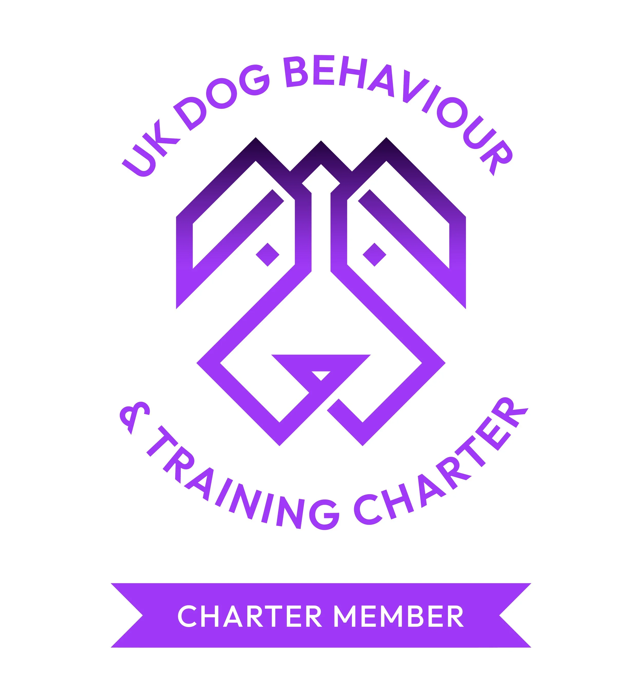 A purple geometric logo with text that reads 'UK DOG BEHAVIOUR' above a ribbon that says 'CHARTER MEMBER'.