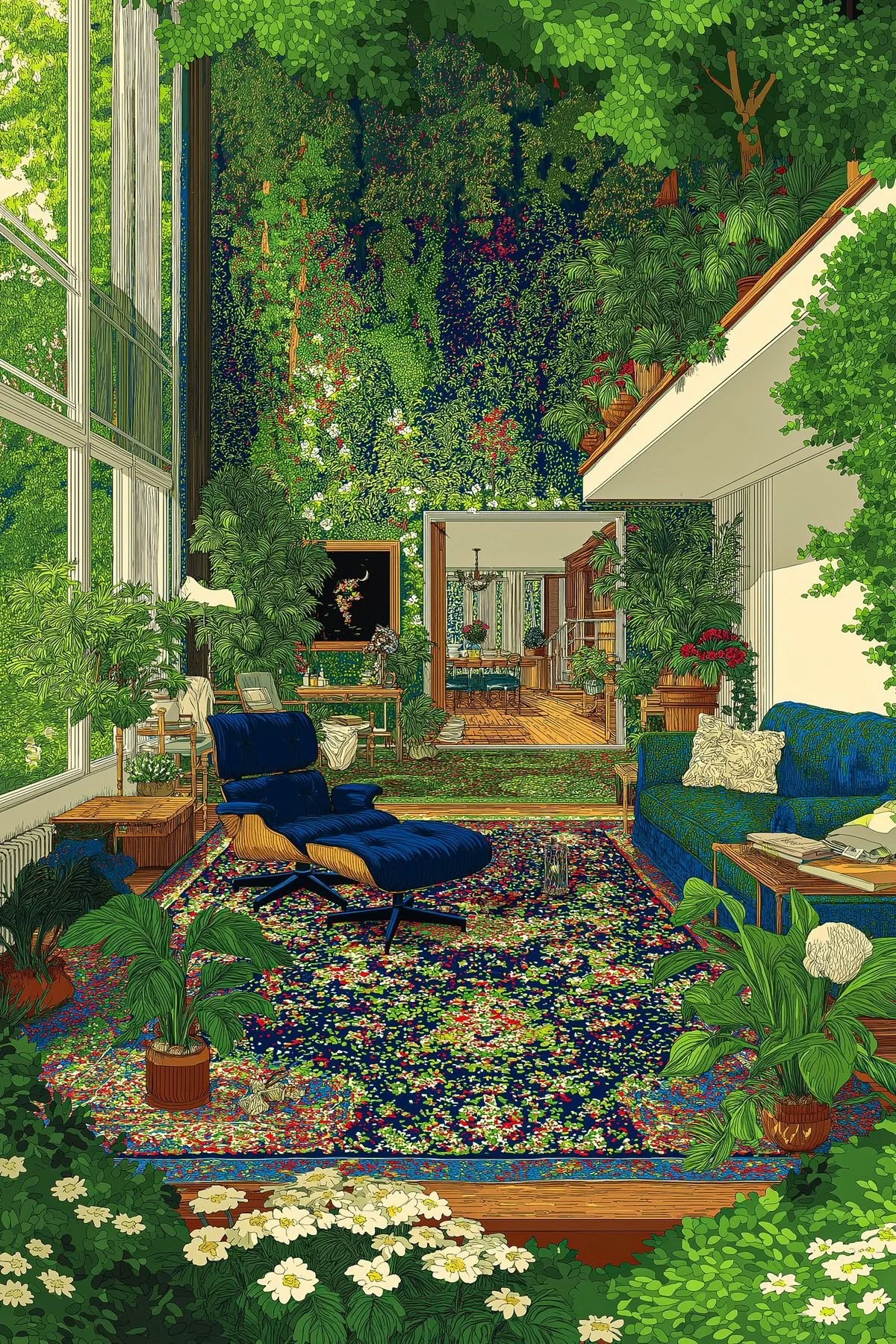 A vibrant indoor living room filled with lush green plants, colorful rugs, and vintage furniture, with large windows revealing a green outdoor garden.