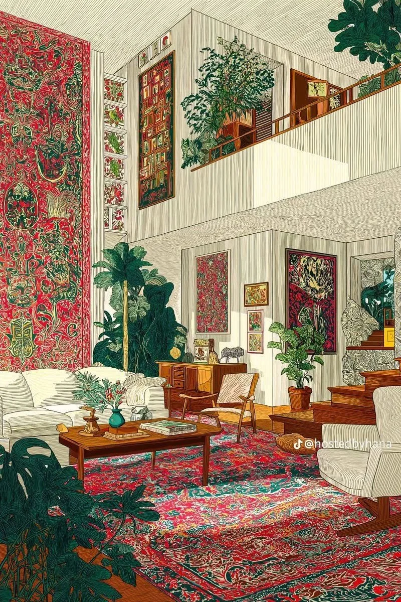 A vibrant living room with white walls, covered by a large colorful Asian-style tapestry. The room features several green potted plants, a wooden coffee table with decorative items, a patterned red and blue rug, and white upholstered chairs. The upper level has a railing with potted plants and framed artwork on the walls.