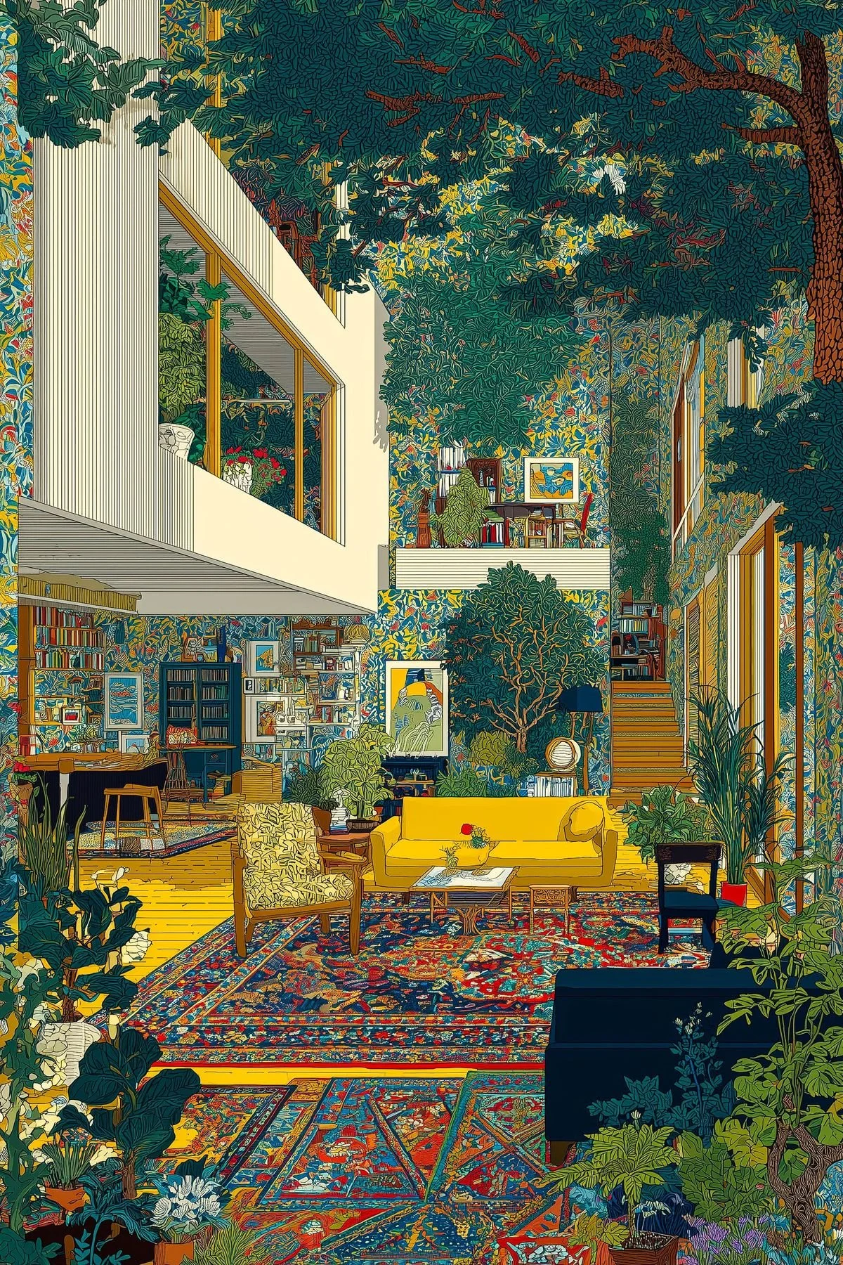 A colorful and vibrant living room filled with plants, patterned rugs, and yellow furniture. The walls are decorated with framed art, and large windows let in natural light. There are bookshelves and multiple levels with cozy seating areas.