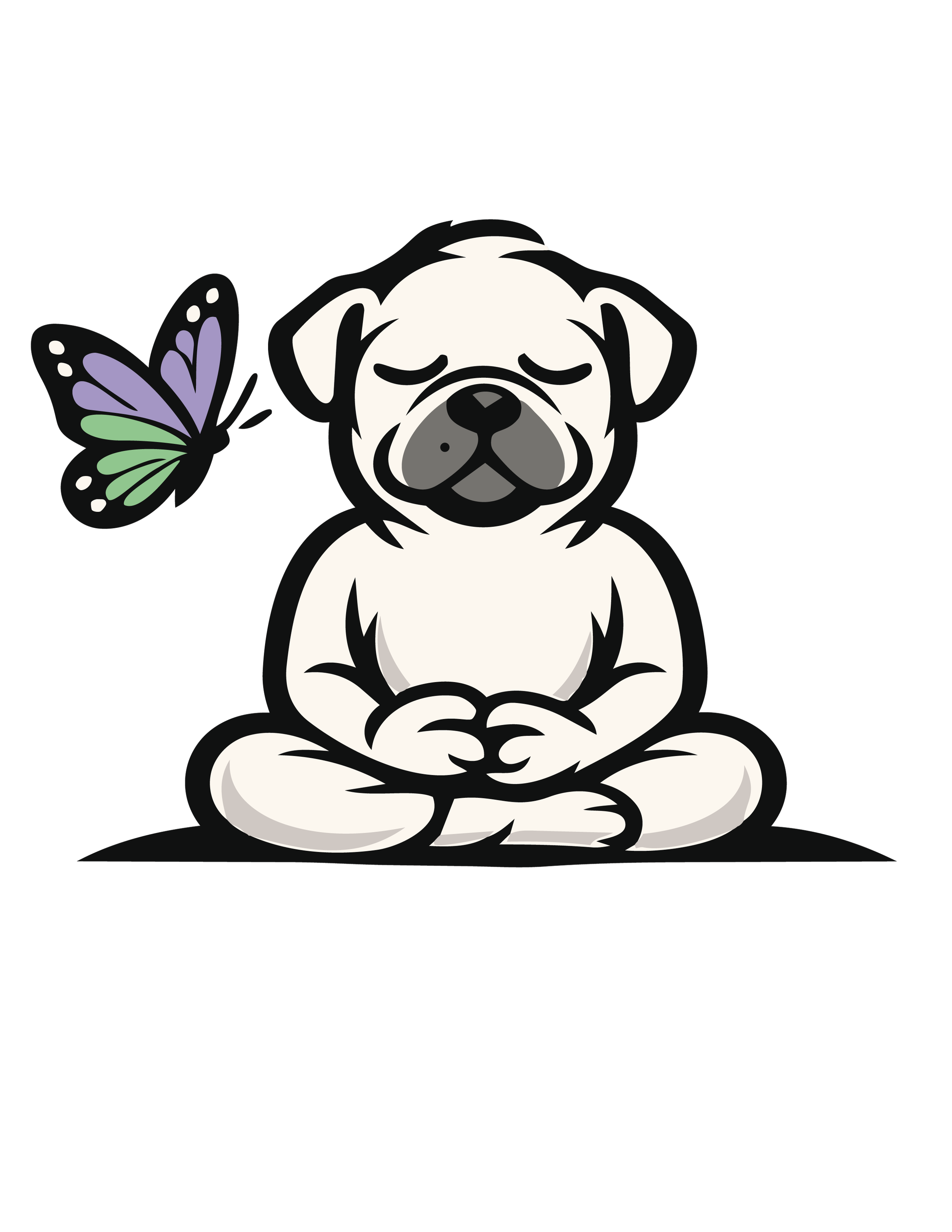 A cartoon illustration of a meditating dog with closed eyes, sitting cross-legged, with a purple and green butterfly flying nearby.