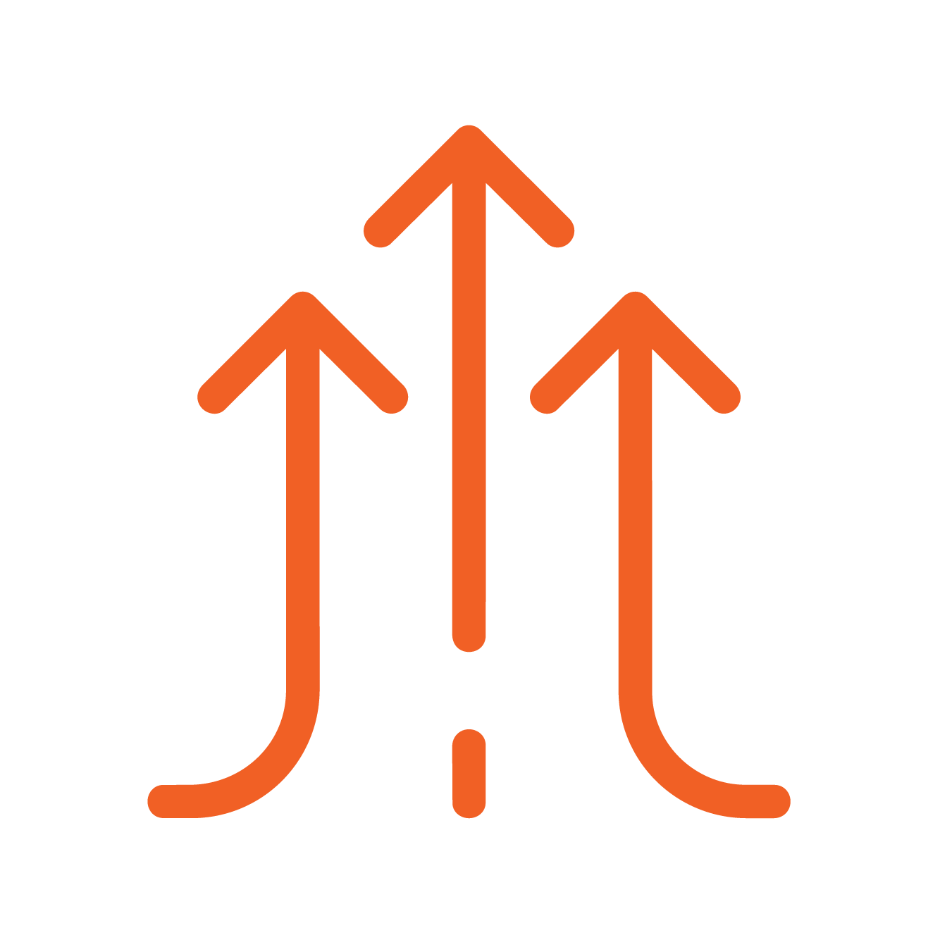 Three orange arrows pointing upwards, with curved tails and dashed lines underneath, representing upward movement or increase.