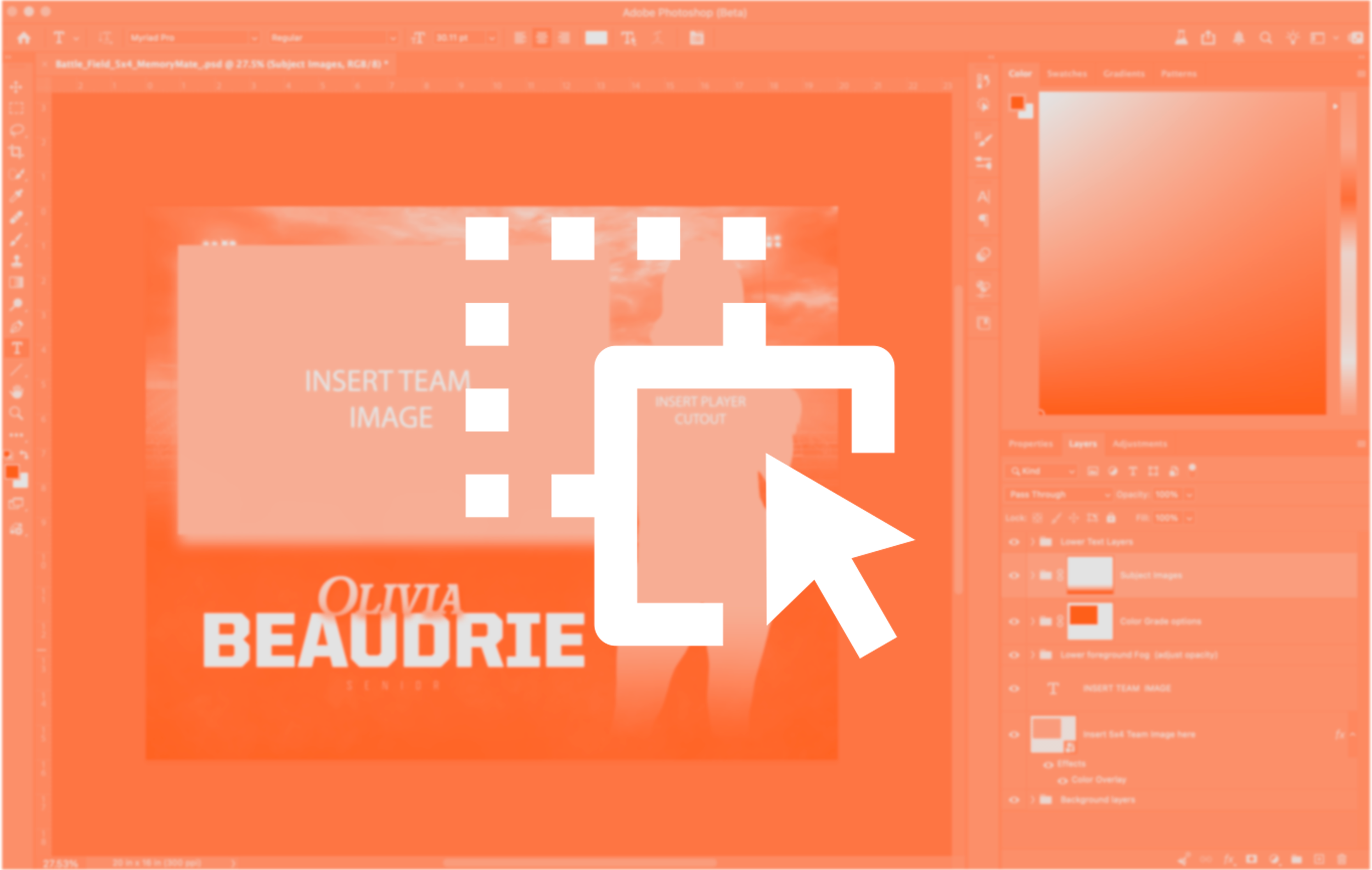 Screenshot of Adobe Photoshop workspace with text and graphic design elements, including the words 'OLIVIA BEAUX' and 'BEAUX' and placeholder text for inserting team images and cutouts.