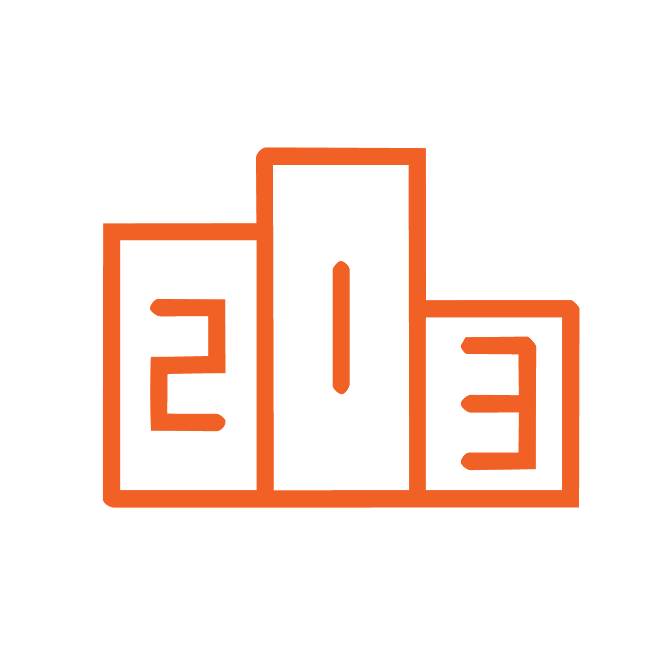 Illustration of a three-tiered winners' podium with numbers 1, 2, and 3 in orange outline on a black background.