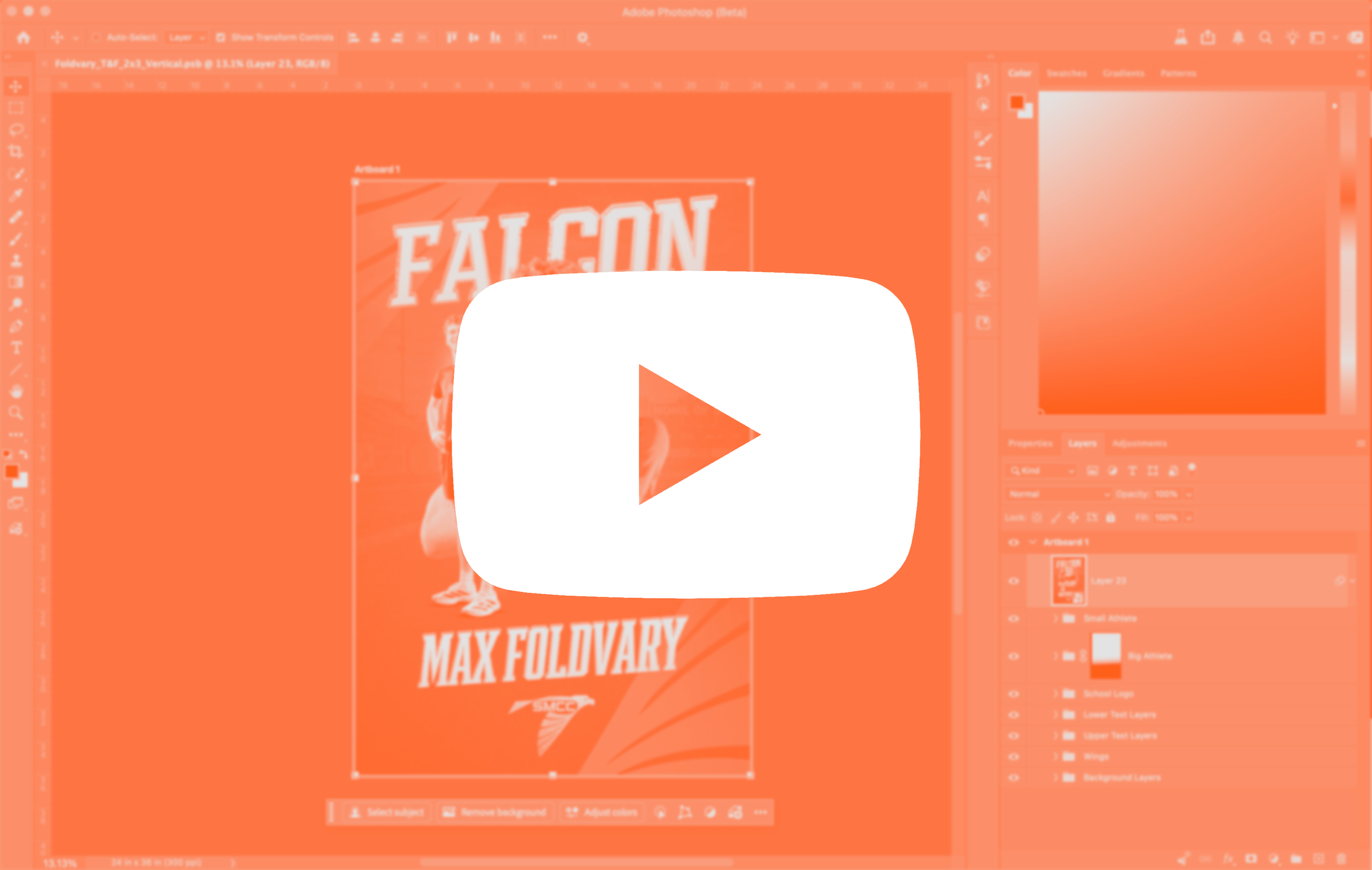 Overlay of a graphic design workspace in Photoshop with a focused poster design for a Falcon event, featuring a person in athletic gear, a falcon logo, and the words 'Max FOLYDAY' in bold letters, with orange filter applied.
