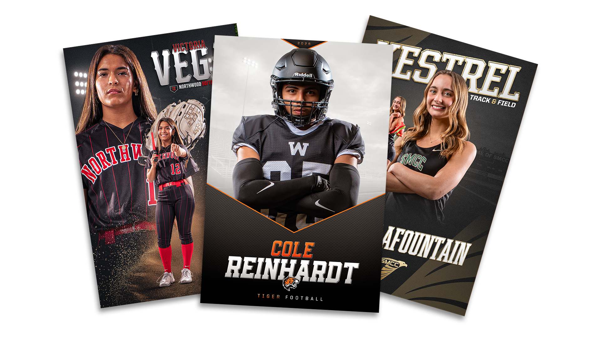 Three sports team posters featuring athletes: a soccer player in a black uniform with long hair, a football player in a black helmet and jersey with crossed arms, and a track and field athlete with blonde hair, smiling, in a black and green uniform.
