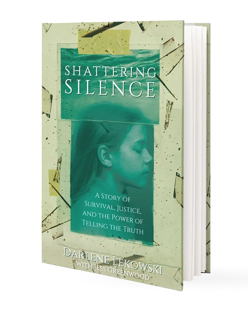 Cover of the book titled 'Shattering Silence' by Darlene Lekowski with Jess Greenwood, featuring a side profile of a young woman with closed eyes, set against a background with scattered geometric shapes and textures.