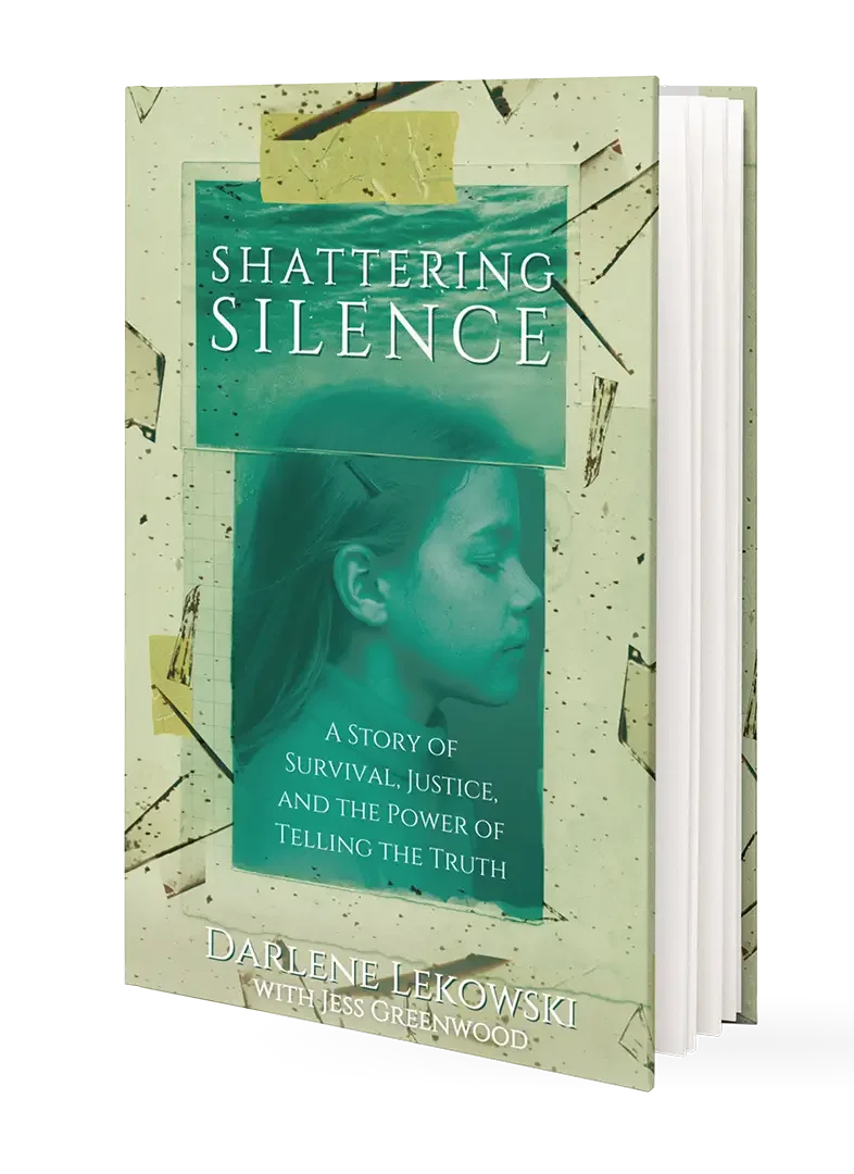 The cover of the book titled "Shattering Silence" features a side profile of a young woman with closed eyes and a solemn expression. The background has a distressed, newspaper-like appearance with torn pieces, giving a sense of breaking through silence.