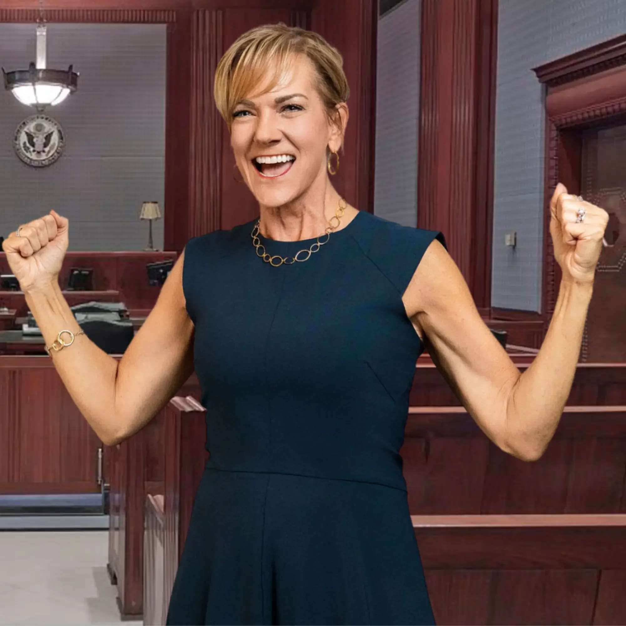 Darlene Lekowski, resilience speaker, bestselling author, and survivor advocate, smiling, flexing her muscles, inside a courtroom with the White House emblem on the wall in the background.