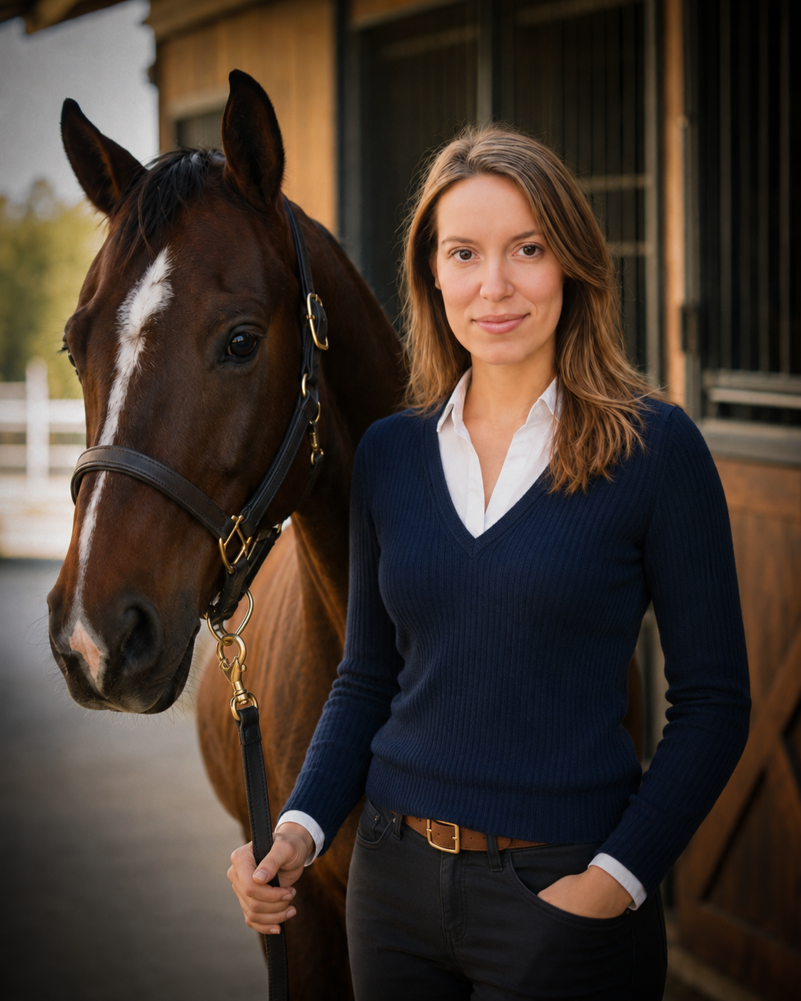 A woman in a white shirt and navy blue sweater standing next to a brown horse with a white stripe on its face, outside a stable.