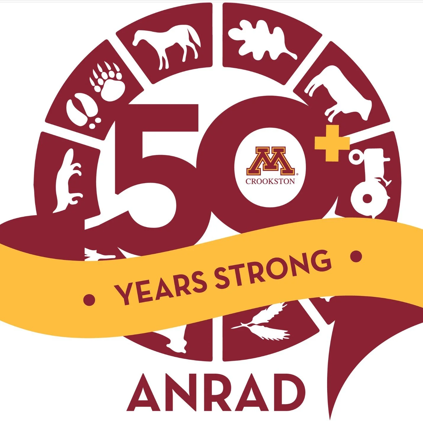 A graphic design celebrating 50 years of Crookston, with animal silhouettes like a horse, dog, cat, bird, and rabbit, and a yellow banner with the text '50 YEARS STRONG' over a maroon background.