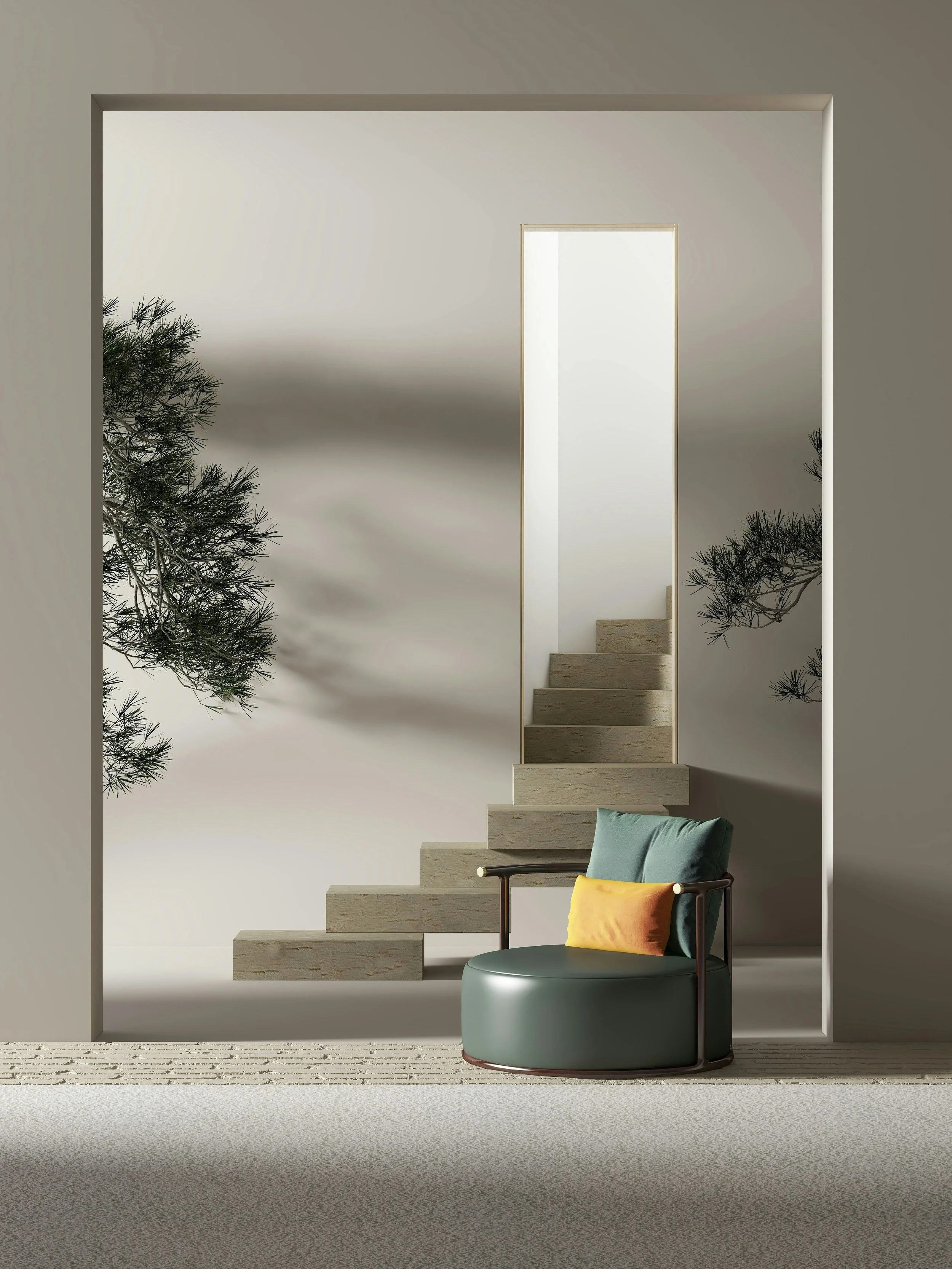Modern interior space with a staircase leading to a bright opening, side branches of a pine tree, and a minimalist round chair with a yellow pillow.