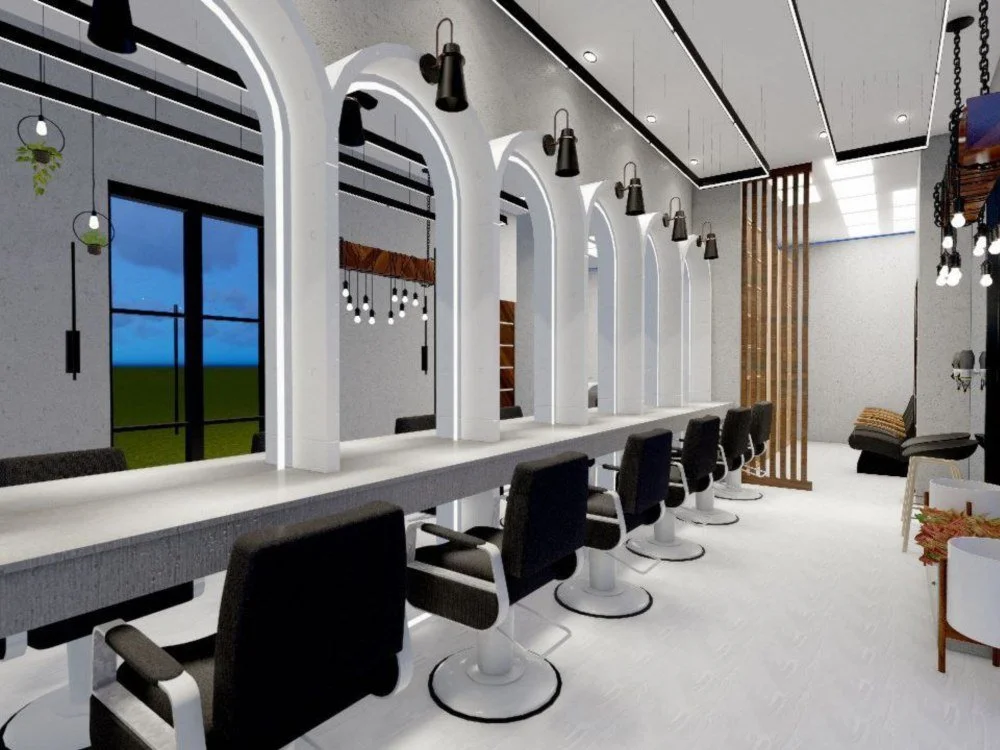 Modern salon or barbershop interior with black chairs, white countertop, large arched windows, pendant lights, and decorative elements.