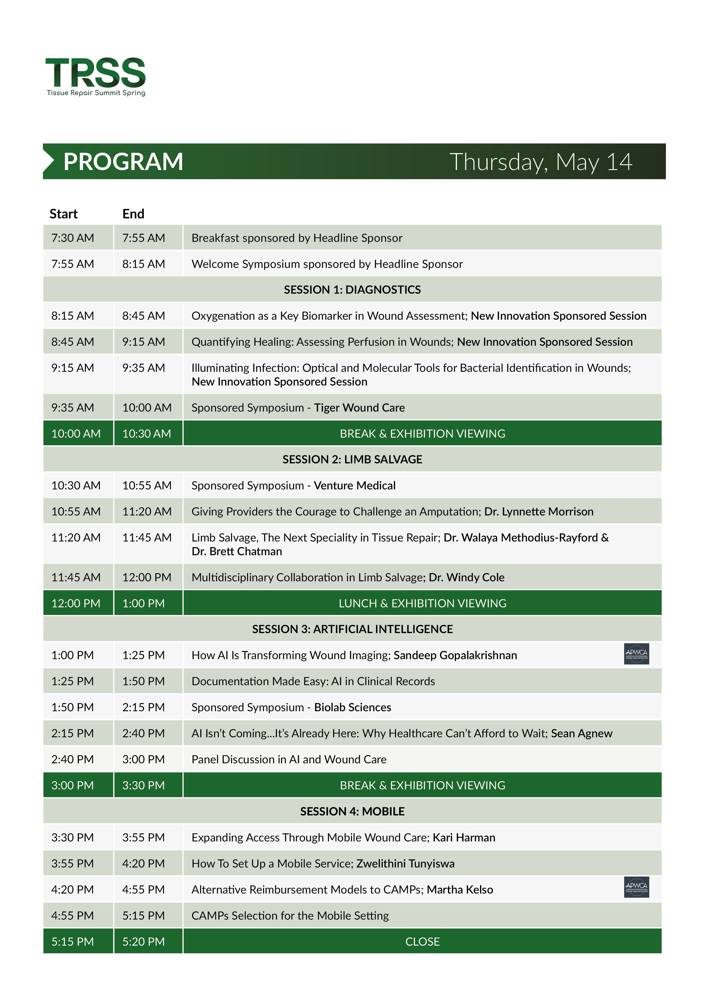 The schedule for the Tissue Repair Summit Spring event, including session times and topics, with a green and white color scheme and a logo in the top left corner.
