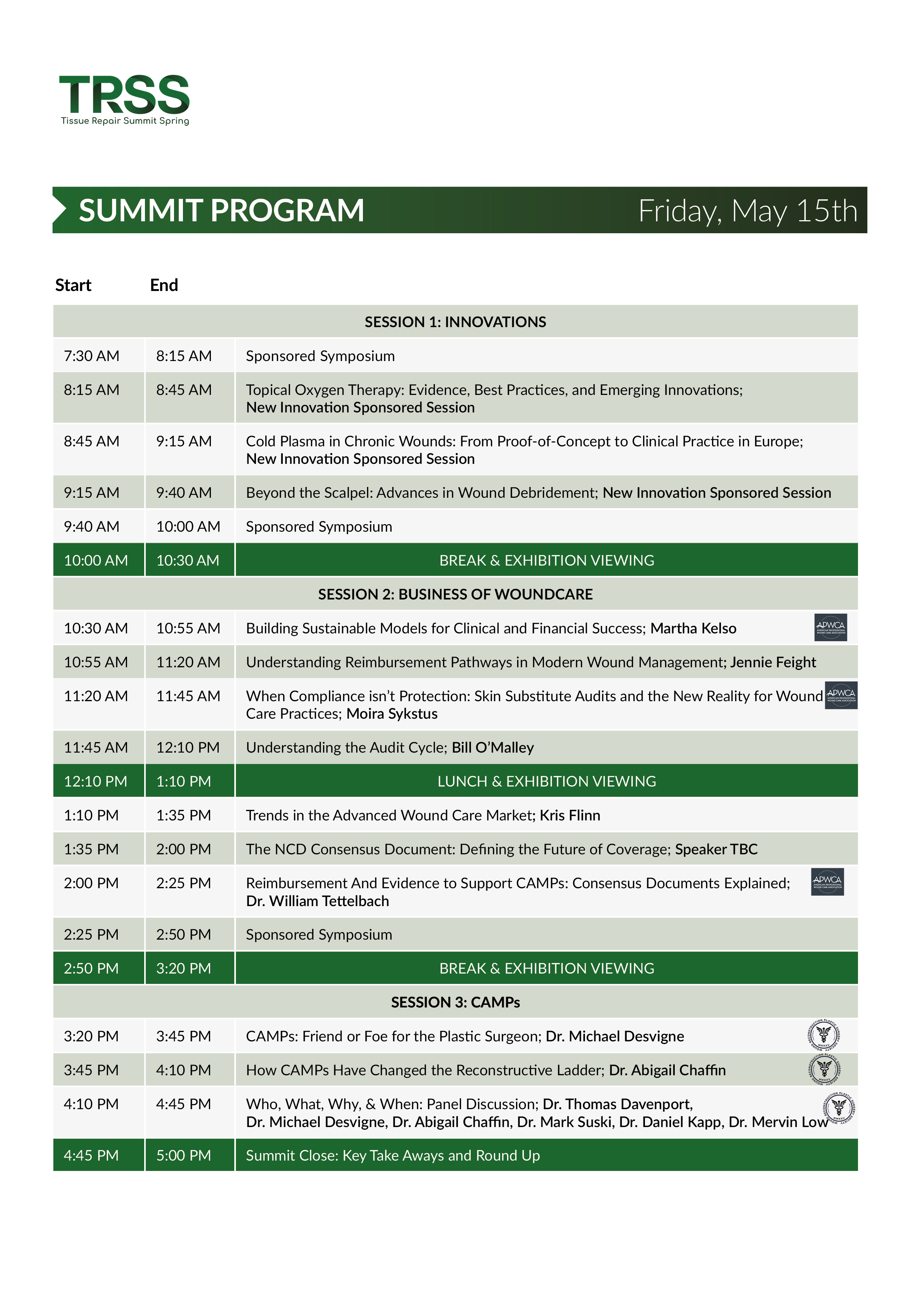 A detailed schedule for a tissue repair summit program on May 15th, including session topics, times, and speakers, with breaks and exhibition viewing periods.