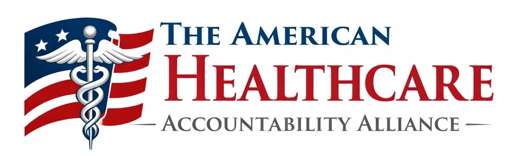 Logo of The American Healthcare Accountability Alliance featuring a medical caduceus, an American flag, and text in blue, red, and black.