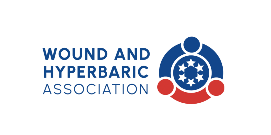 Logo of the Wound and Hyperbaric Association featuring a circular emblem with a medical star and three stylized figures in blue and red