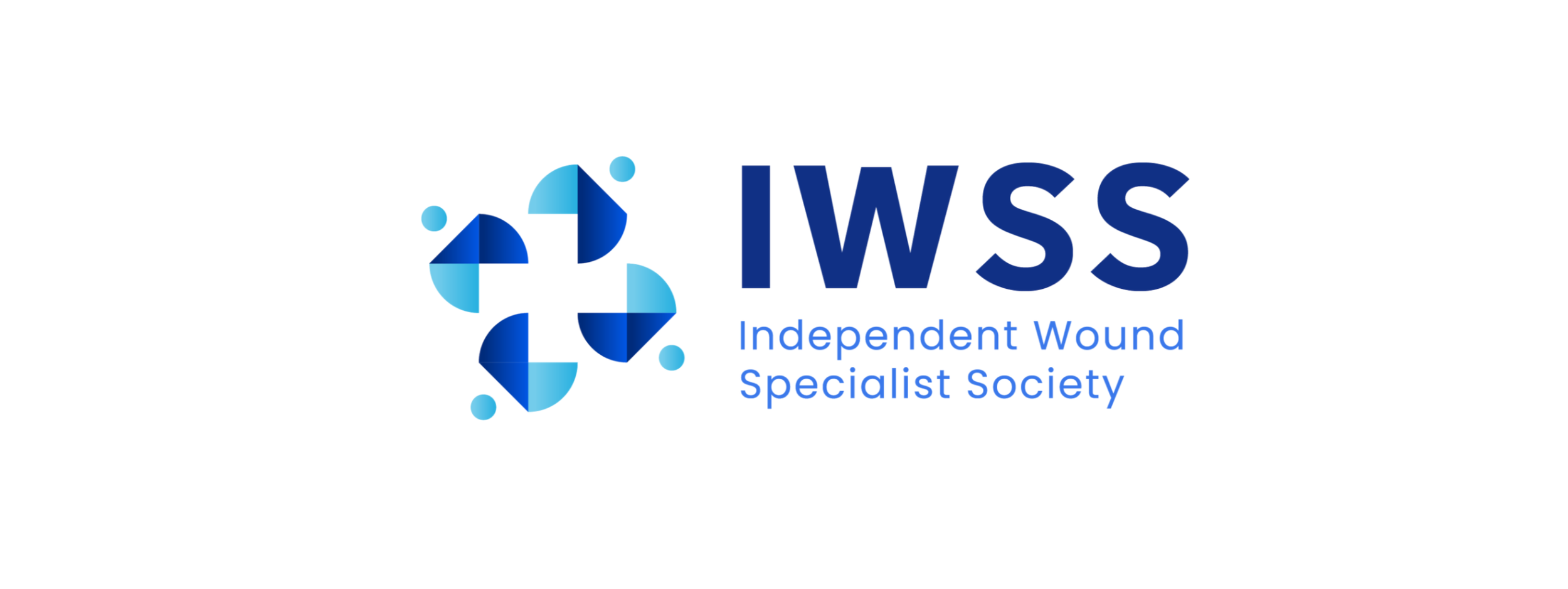 Logo of the Independent Wound Specialist Society featuring geometric shapes in blue forming a medical cross, with the society's acronym IWSS and full name below.