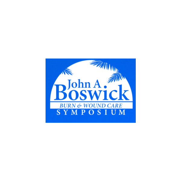Logo for John A. Boswick Burn & Wound Care Symposium with blue background, palm leaves, and white text.