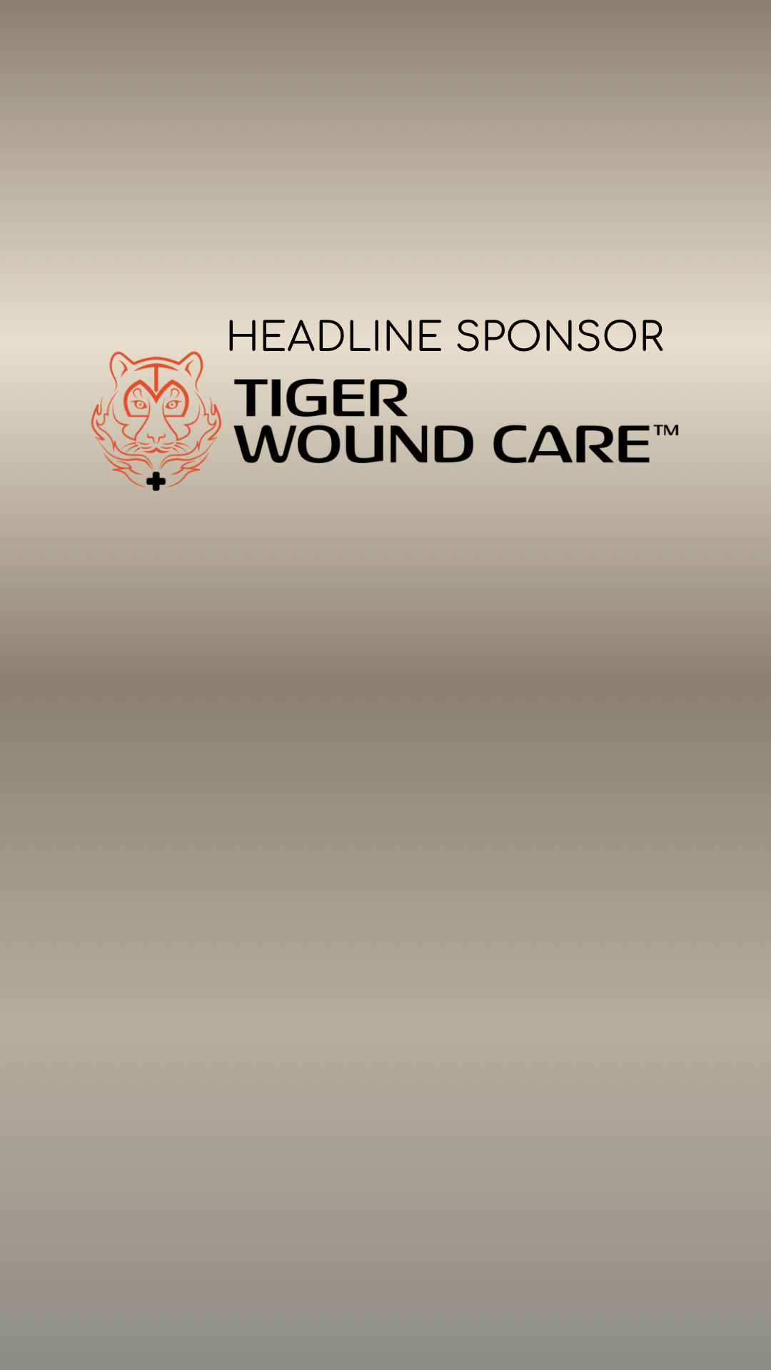 Logo with a tiger face and the text 'Headline Sponsor Tiger Wound Care' on a beige background.