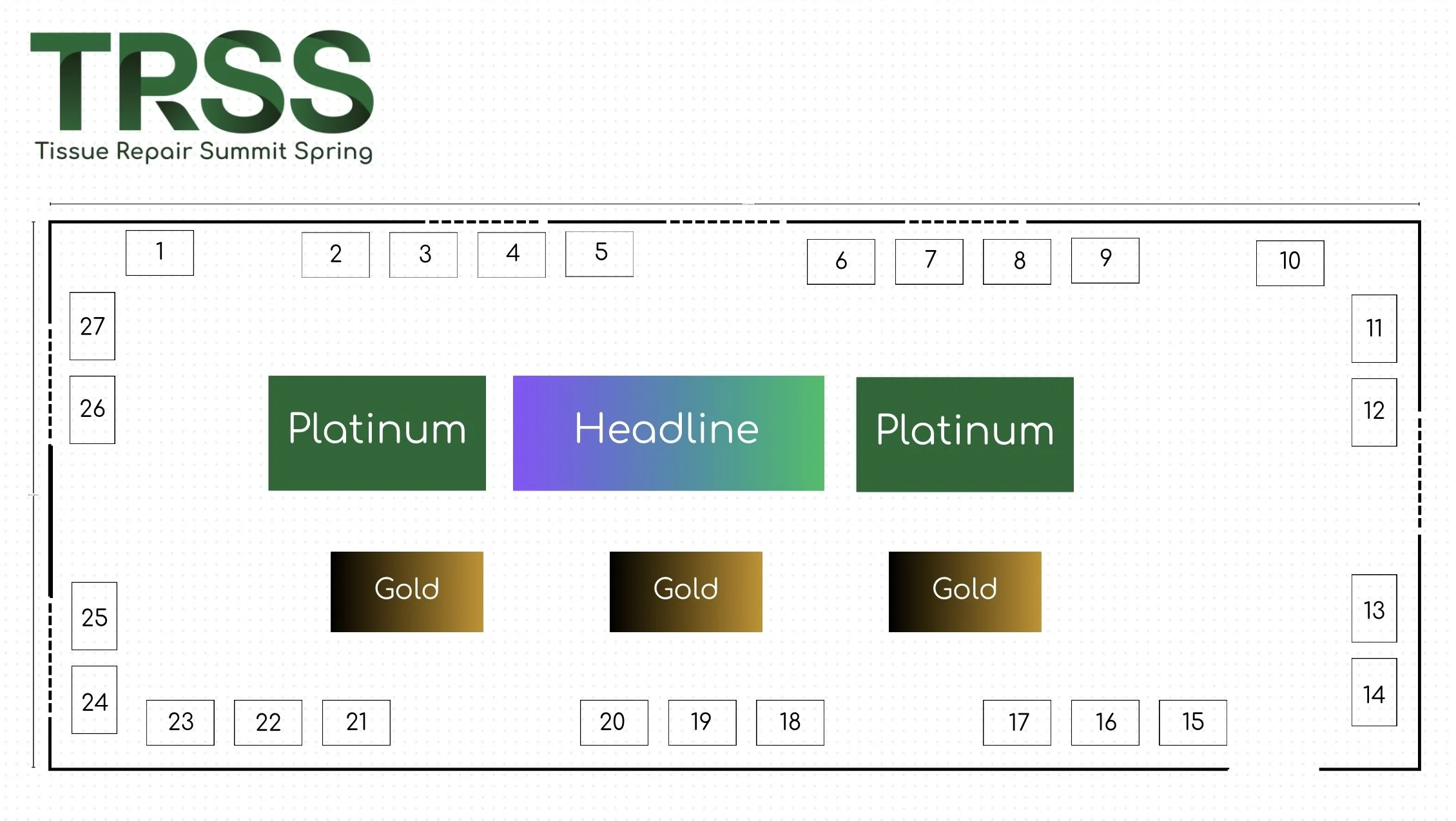 Layout of the Tissue Repair Summit Spring conference with numbered seats, a center stage featuring a headline, and sections labeled Platinum and Gold.
