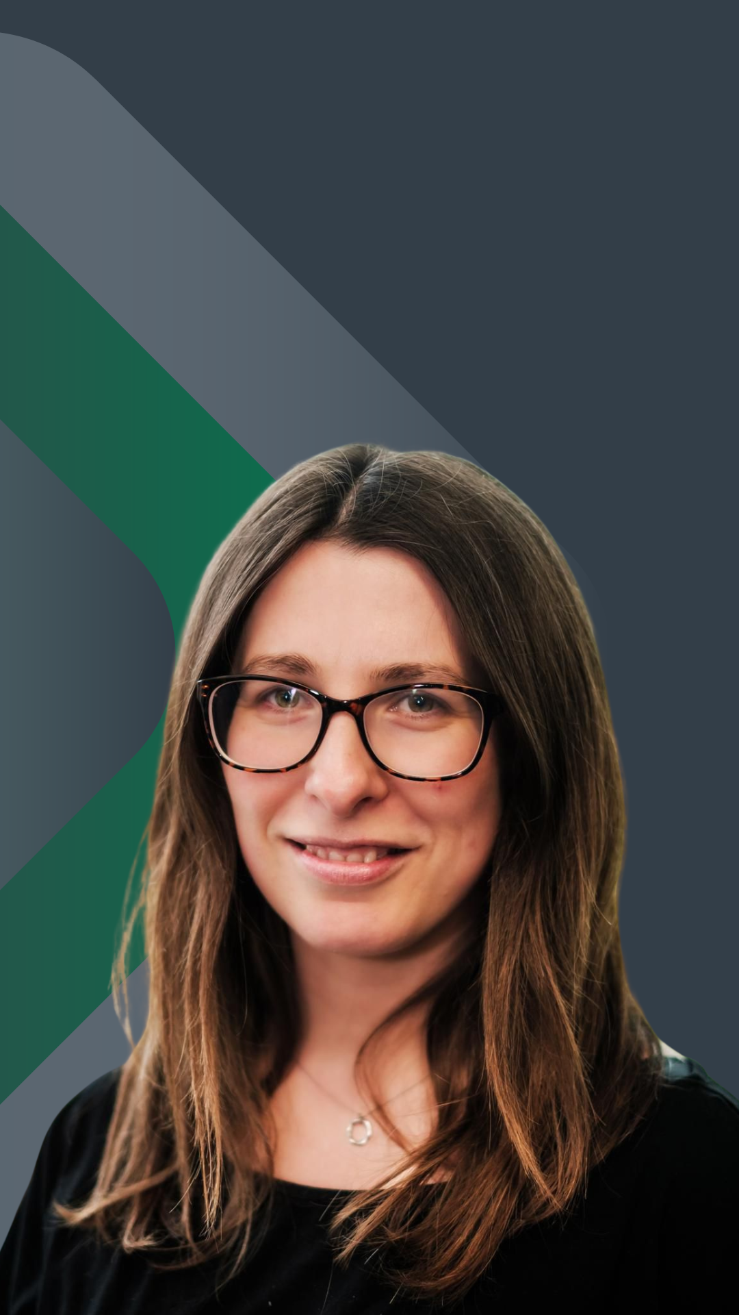 Portrait of a young woman with light skin, straight brown hair, glasses, and a black top, smiling against a dark and green abstract background.