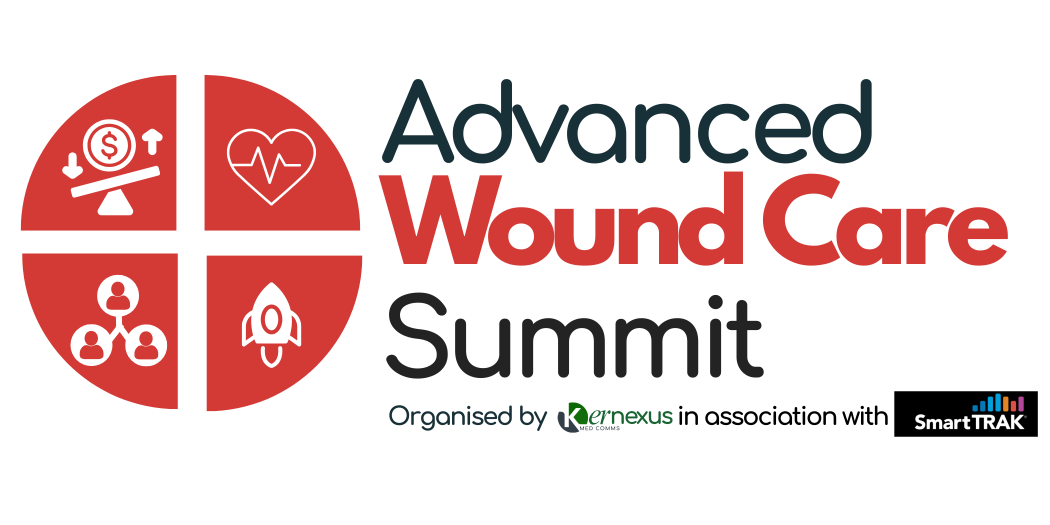 Logo for Advanced Wound Care Summit featuring four red icons: a balance scale with dollar sign, heart with heartbeat line, network with three people, and a rocket. Text reads "Advanced Wound Care Summit," organized by Kernexus in cooperation with SmartTRAK.