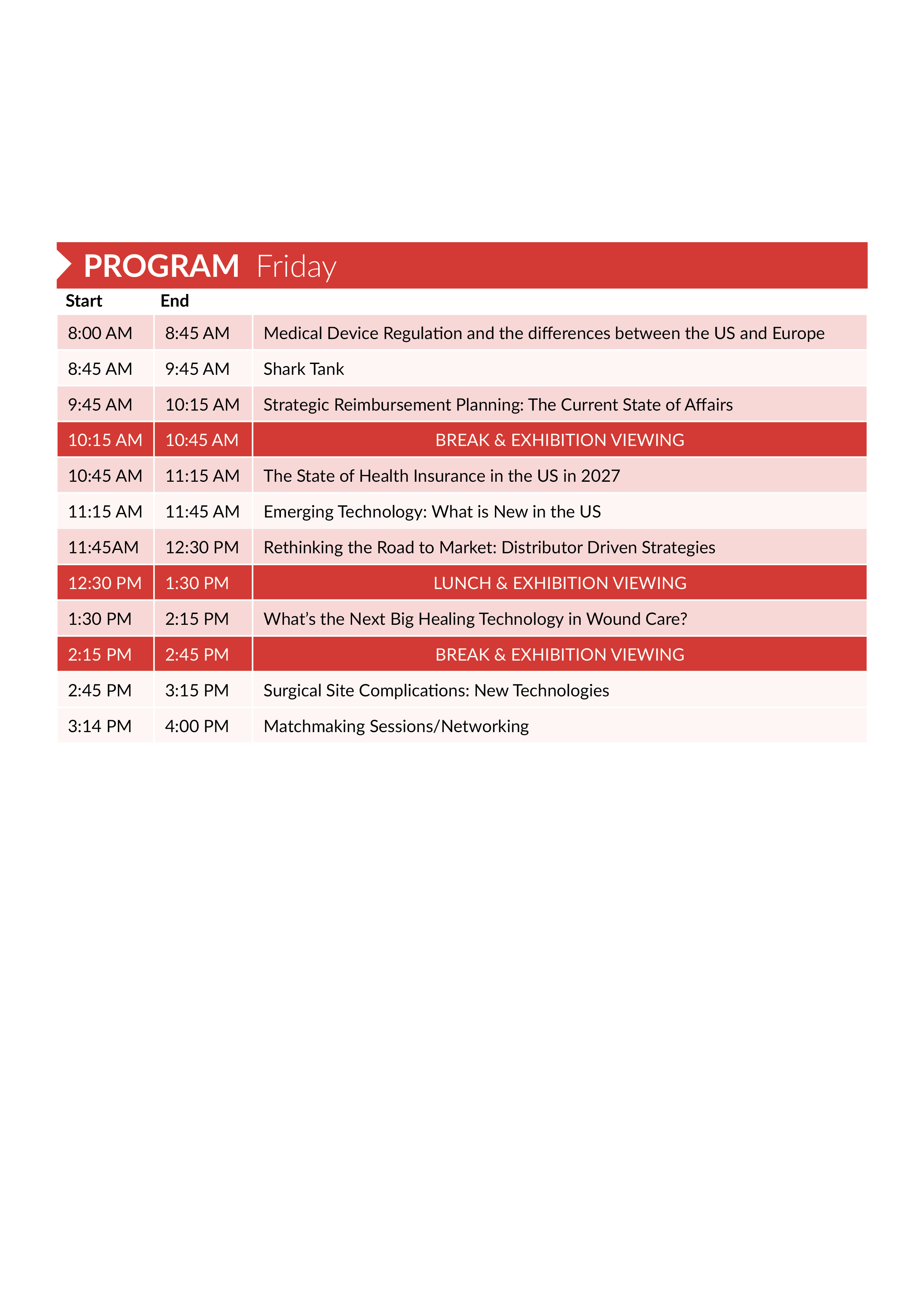 Conference program schedule for Friday with time slots, session titles, and breaks highlighted in red. Advanced Wound Care Summit AWCS