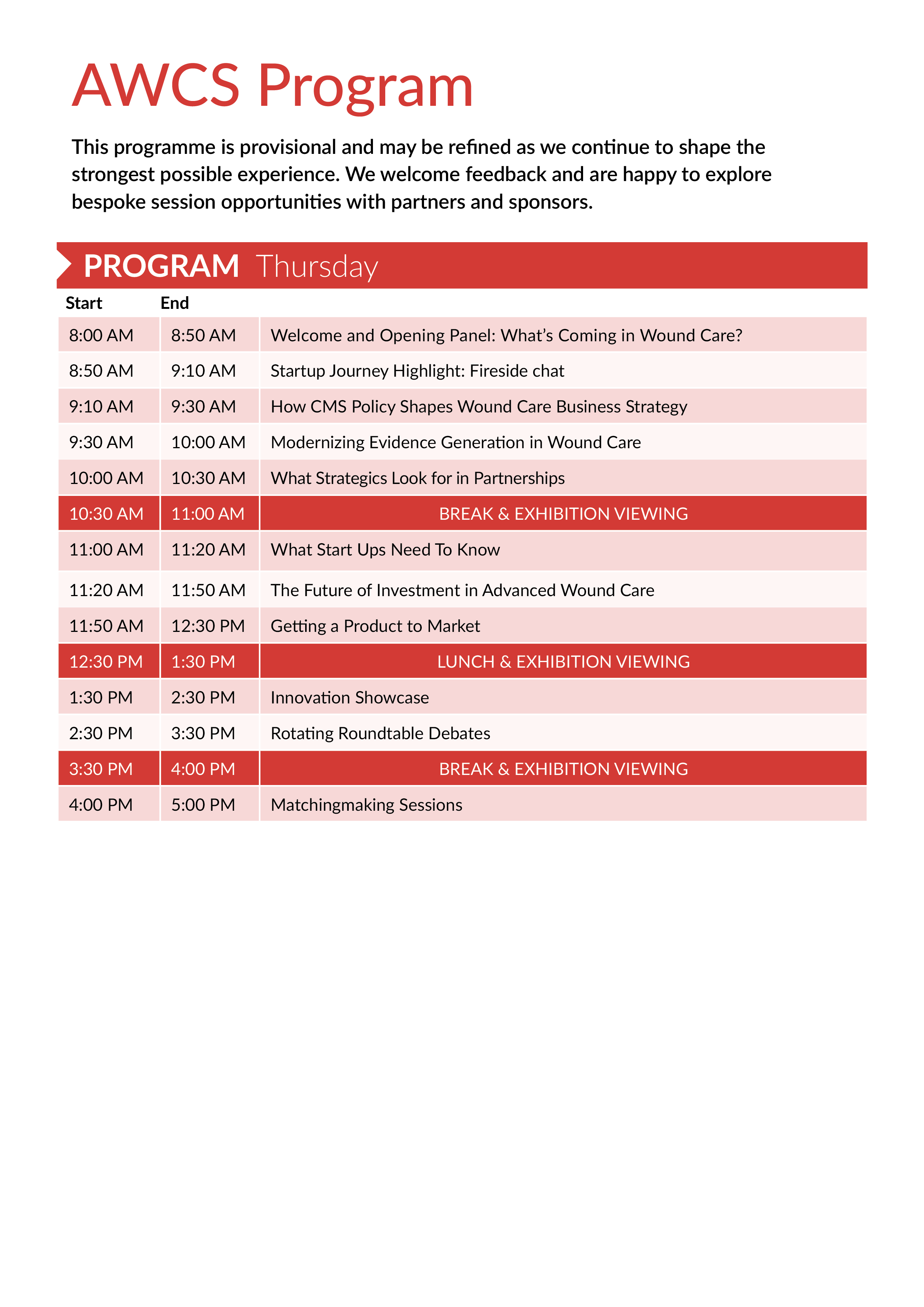Schedule for a program day, with sessions from 8:00 AM to 5:00 PM, including break times and session topics, on a white background with red headers. Advanced Wound Care Summit AWCS
