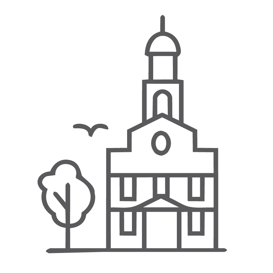 Line drawing of a historic courthouse building with a clock tower, a tree to the left, and a bird flying nearby.