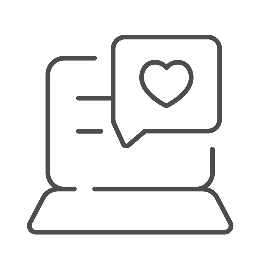 Line drawing of a laptop with a heart in a speech bubble on the screen.