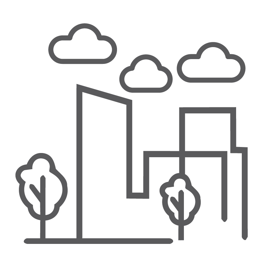 Line drawing of a cityscape with tall buildings, two trees, and three clouds in the sky.