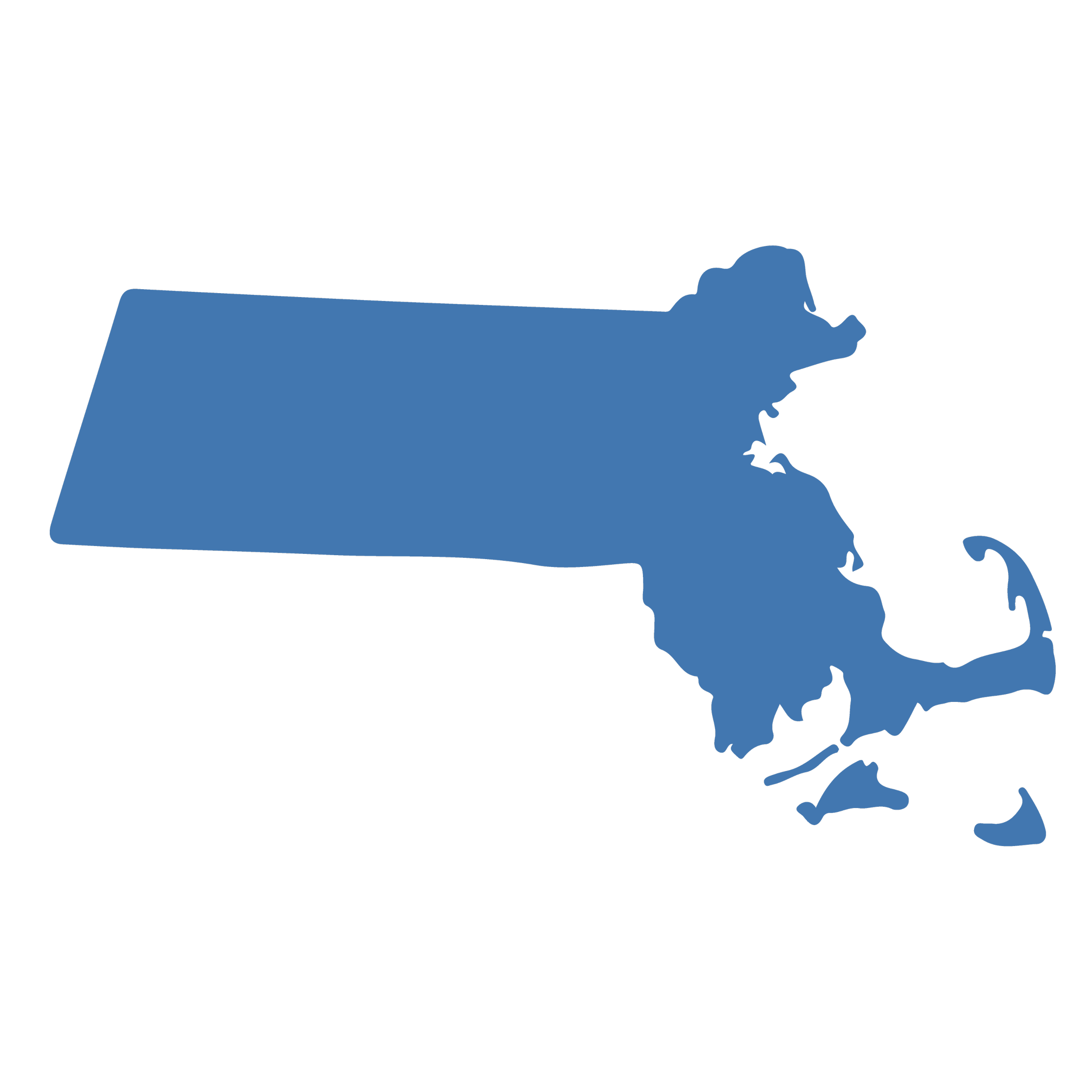 Blue silhouette map of Massachusetts with its outline visible.
