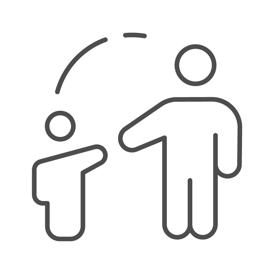 Line drawing of two people, one larger and one smaller, with an arrow indicating a handshake.
