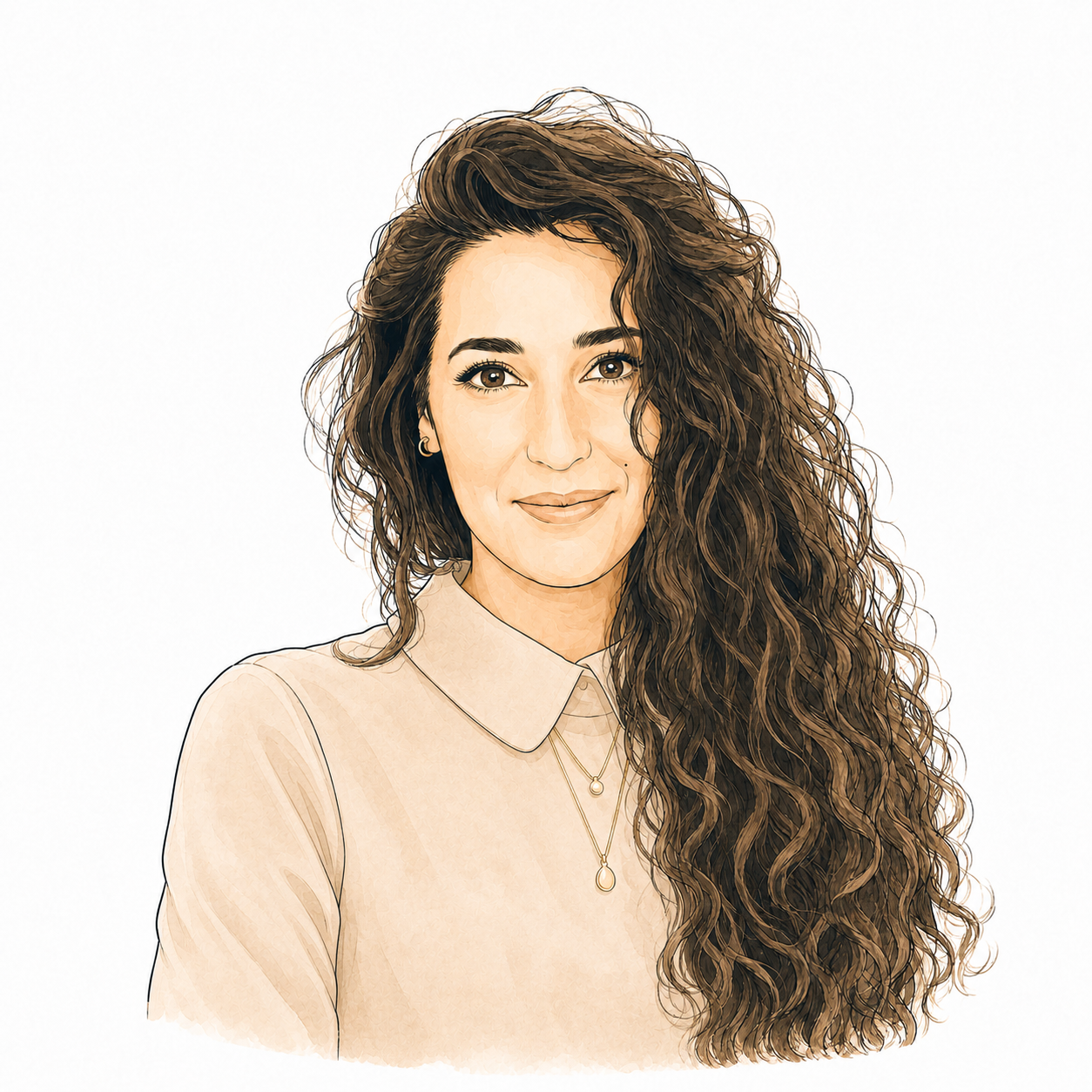 Portrait numérique d'une femme avec de longs cheveux bouclés, portant une blouse beige et des bijoux en or.