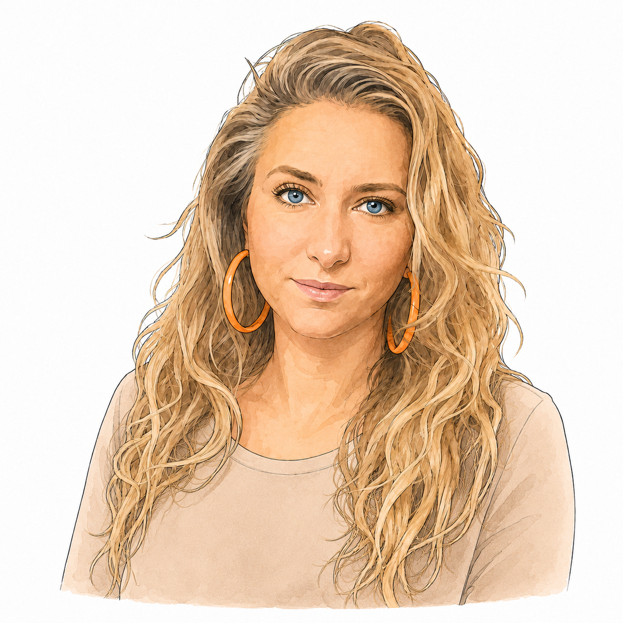 Portrait d'une femme aux cheveux blonds bouclés, portant de grandes boucles d'oreilles orange, avec un léger sourire, sur un fond blanc.
