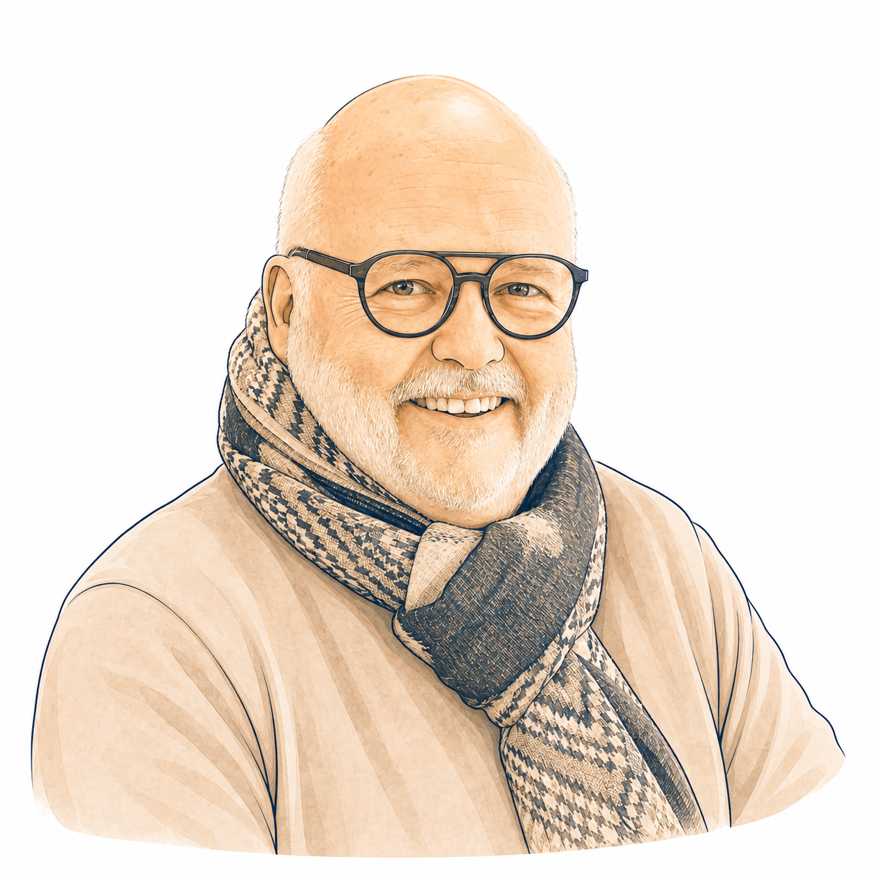Un homme âgé souriant portant des lunettes rondes et un foulard à motifs, avec une barbe blanche et un fond blanc.