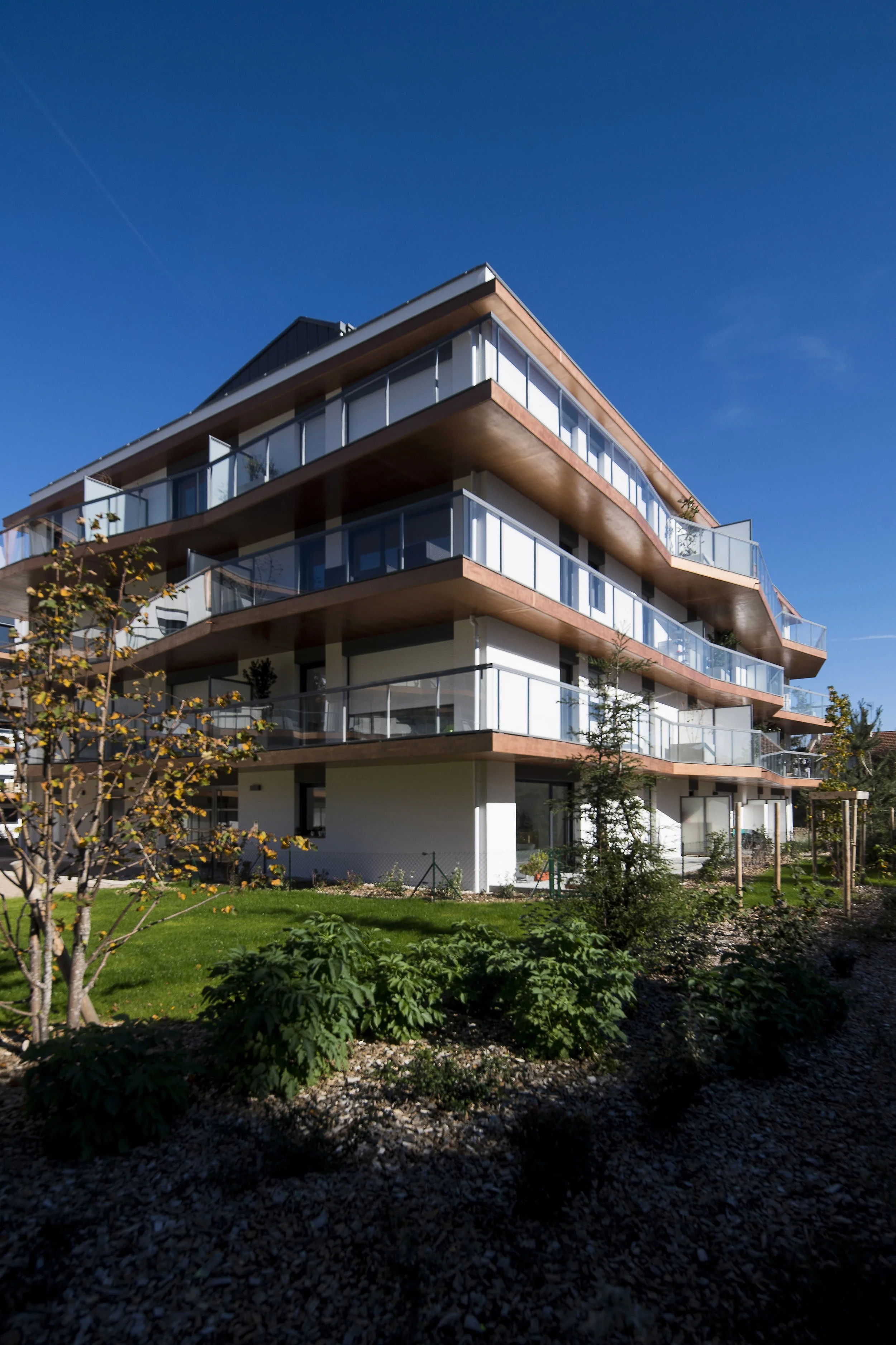 Un bâtiment moderne de plusieurs étages avec terrasse en verre et pourtour en bois, entouré d'un jardin avec arbres et buissons, sous un ciel bleu clair.