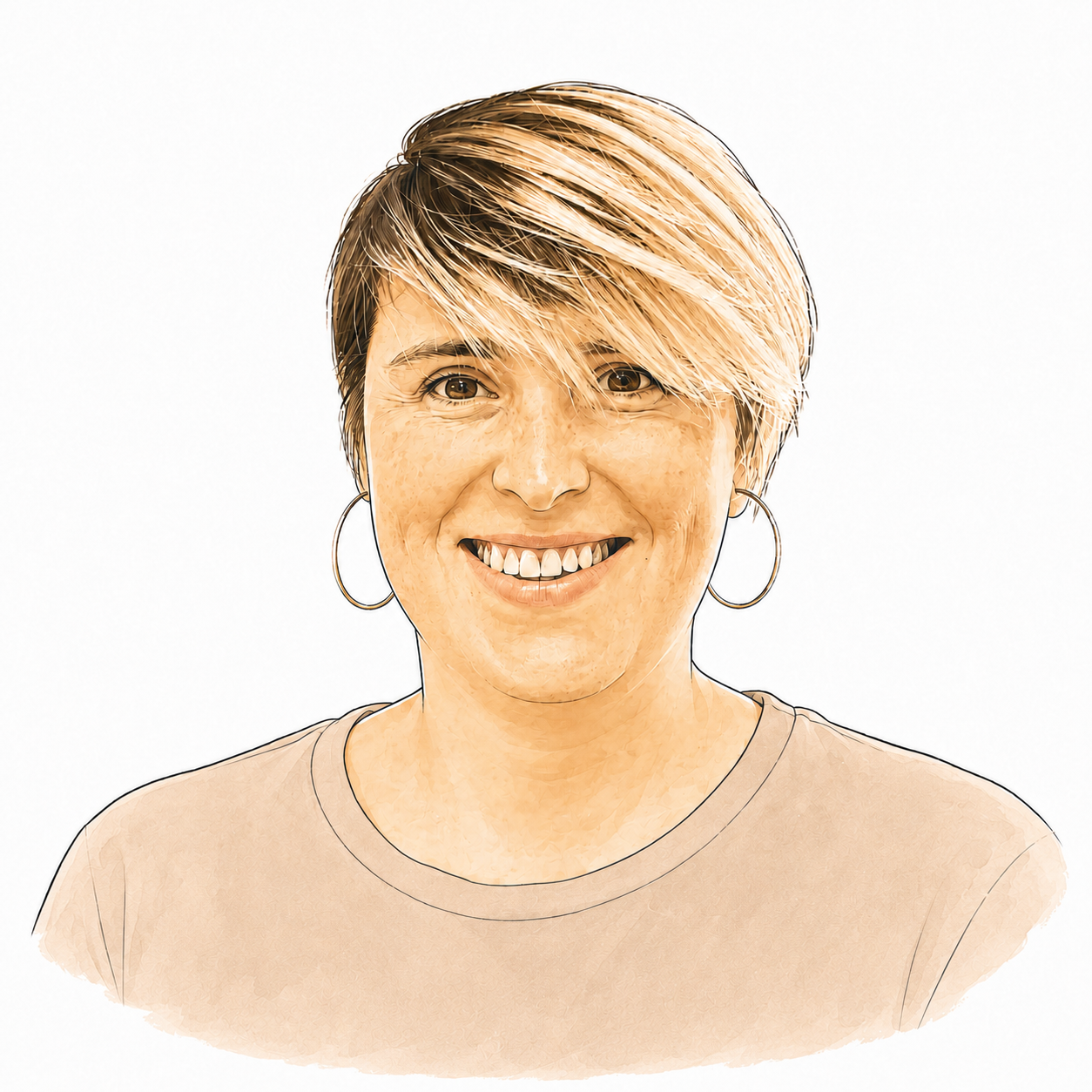 Portrait numérique d'une femme souriante avec œillets en accroche et coiffure courte et blonde